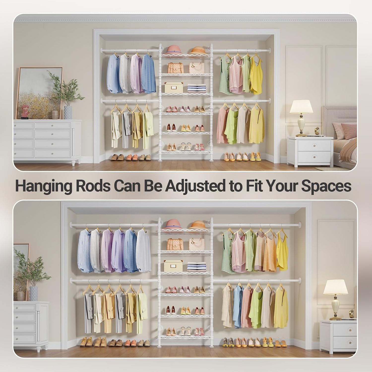 Timate S3X Expandable Wall Mounted Clothes Rack with 6 Adjustable Shelves & 4 Expandable Hanger Rods, Heavy Duty Industrial Pipe Clothing Rack for Hanging Clothes, Fits Spaces 5'11'- 8'10', White