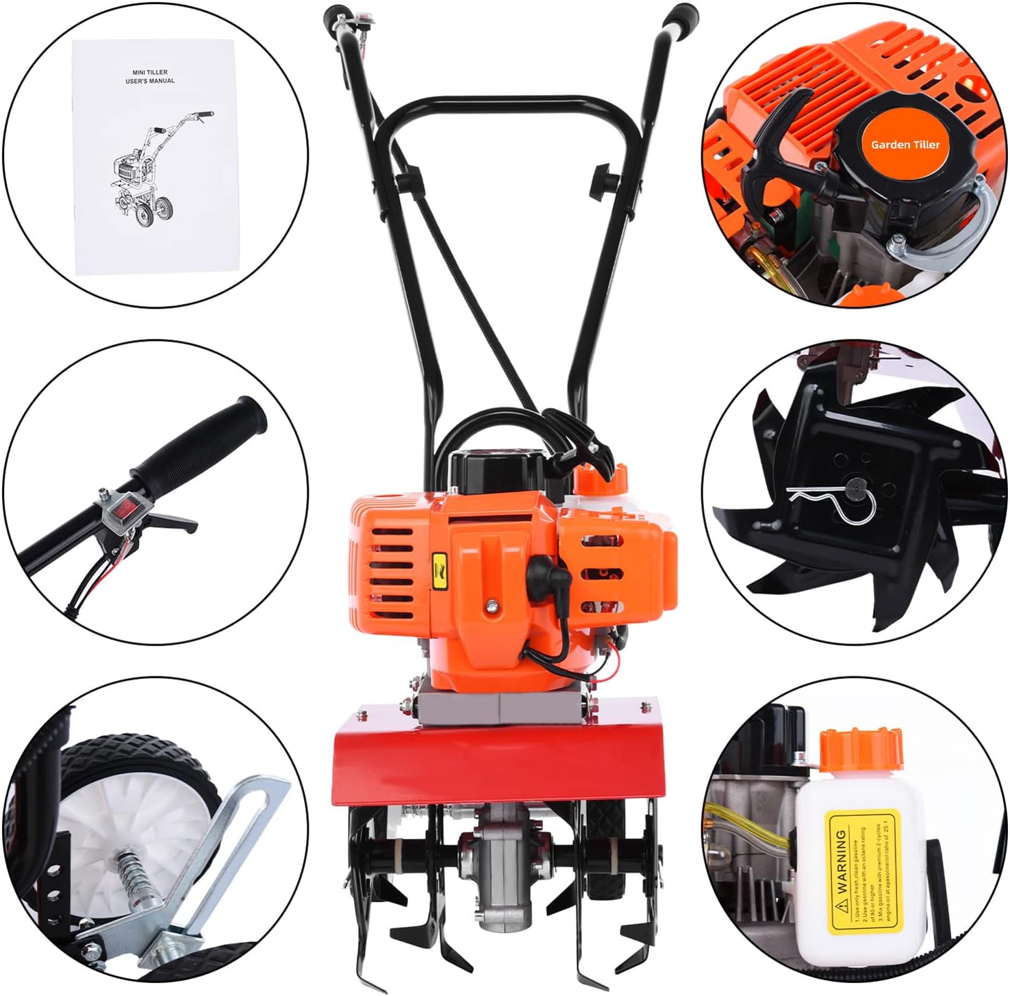 Garden Tillers Gas Powered, 2 Stroke Rototiller with 1.2L Fuel Tank, 52cc 9000RPM Tiller Cultivator with 7.8-Inch Tillling Width, 6-Inch Depth, Easy to Carry Lawn Tiller for Garden Soil Digging (Red)