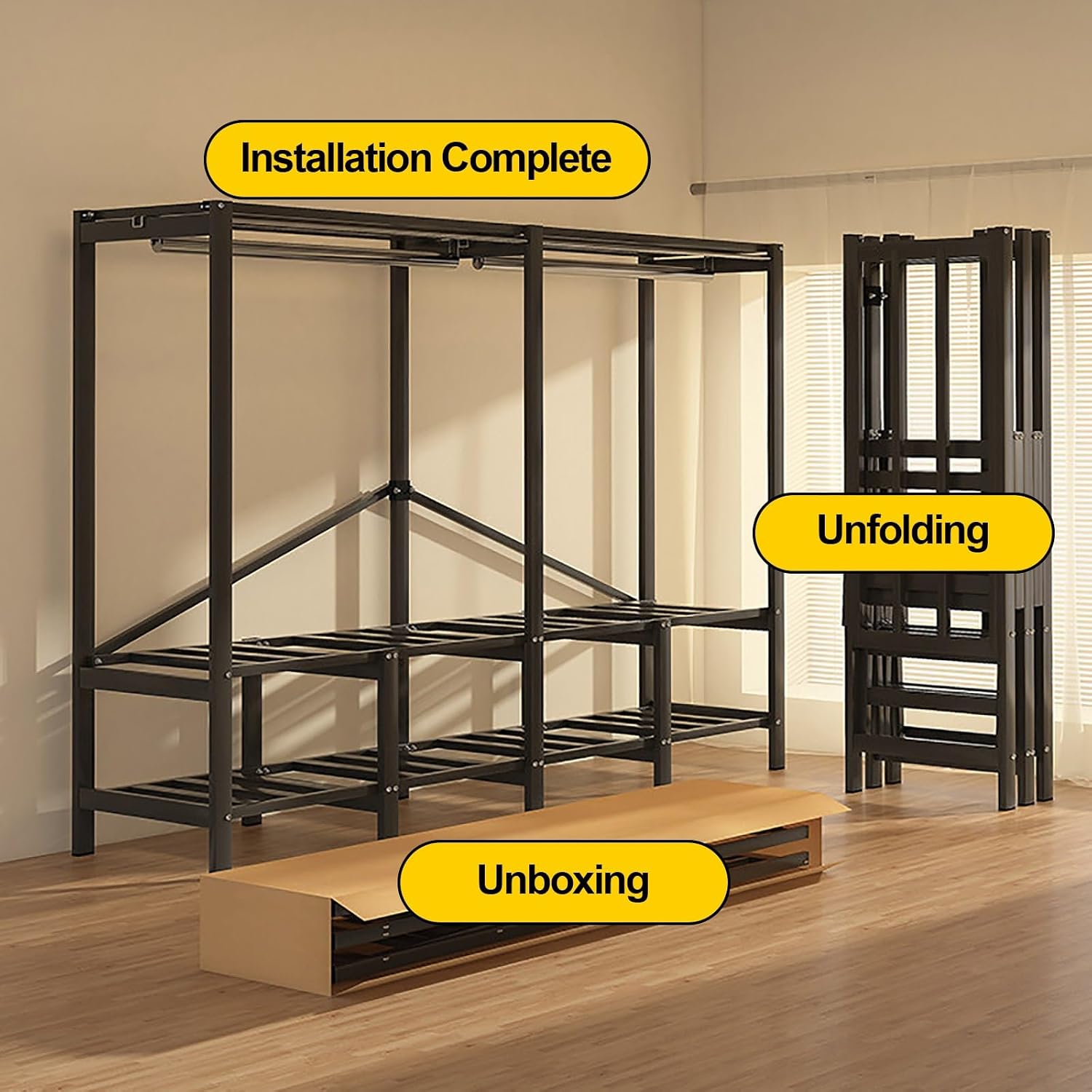 Heavy Duty Wardrobe Closet With Cover, Metal Garment Racks For Hanging Clothing, Foldable Armoire Covered Clothes Rack, Freestanding Coat Storage For Bedroom, Apartments(B,190cm/74.8in)