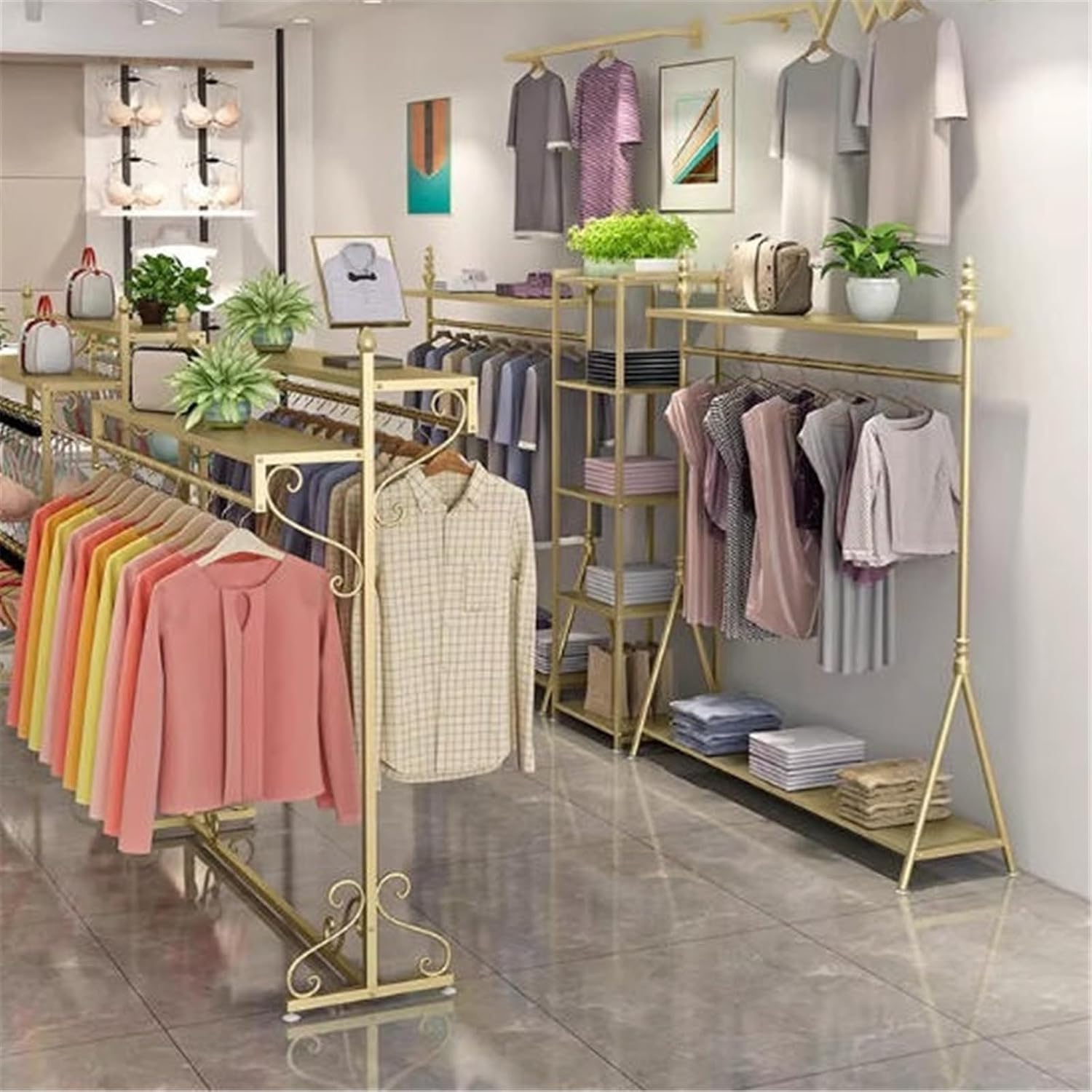 Clothing Rack Clothing Store Golden Island Display Shelf, Floor Standing Combination, Double Row Hanging Rack Bedroom(Large)