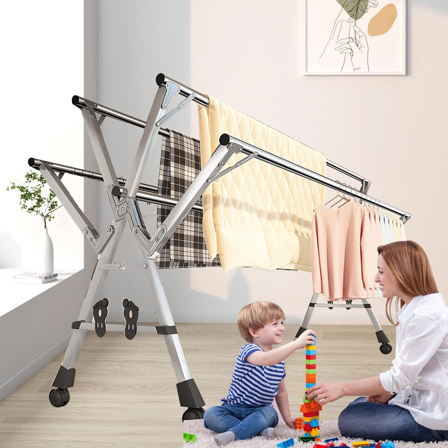 Foldable Freestanding Drying Rack,Clothes Drying Rack Folding Indoor, Garment Rack On Wheels, Laundry Stand Organizer, Laundry Drying Rack Heavy Duty with Wheels, 240cm/95in
