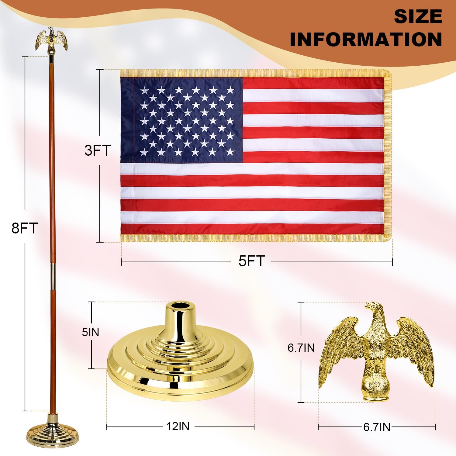 XIFAN Deluxe 8 FT Indoor American Flag and Pole Set - Solid Oak Pole, Metal Eagle Topper, Gold Fringed US Flag, Base Stand, Cord Tassel, for Lobby, Office, Auditorium, Conference Room - 8.6 FT Total