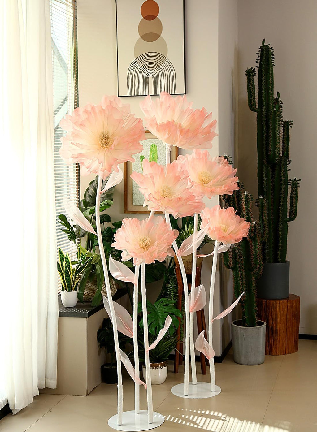 Giant Artificial Organza Flower On Base – Large Pink Faux Flower with Standing Stems and Base for Wedding, Valentine's Day, Party, Shop Window Display, Outdoor Yard Event Backdrop Decor