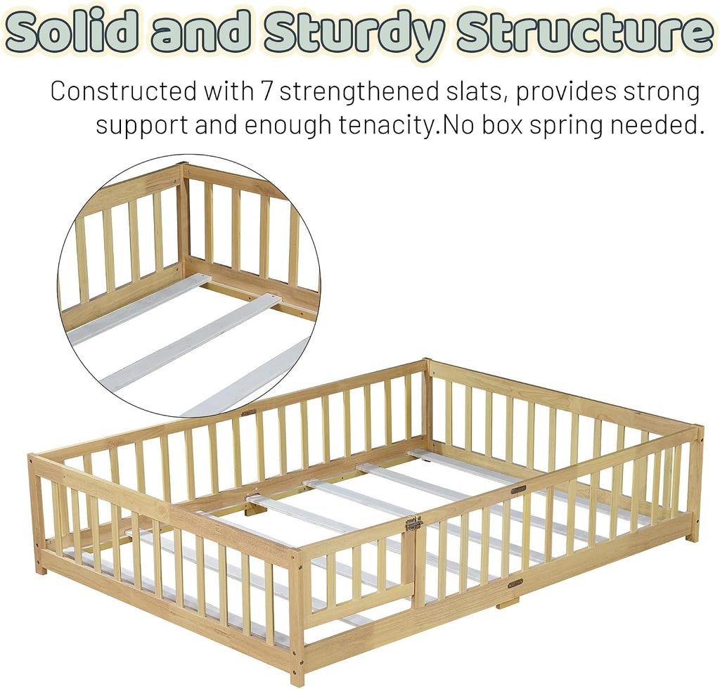 Full Floor Bed with Safety Guardrails for Kids, Rubber Wood Montessori Bed with Slats and Convertible Door,Full Size Bed Frame for Girls and Boys,No Box Spring Needed,Natural