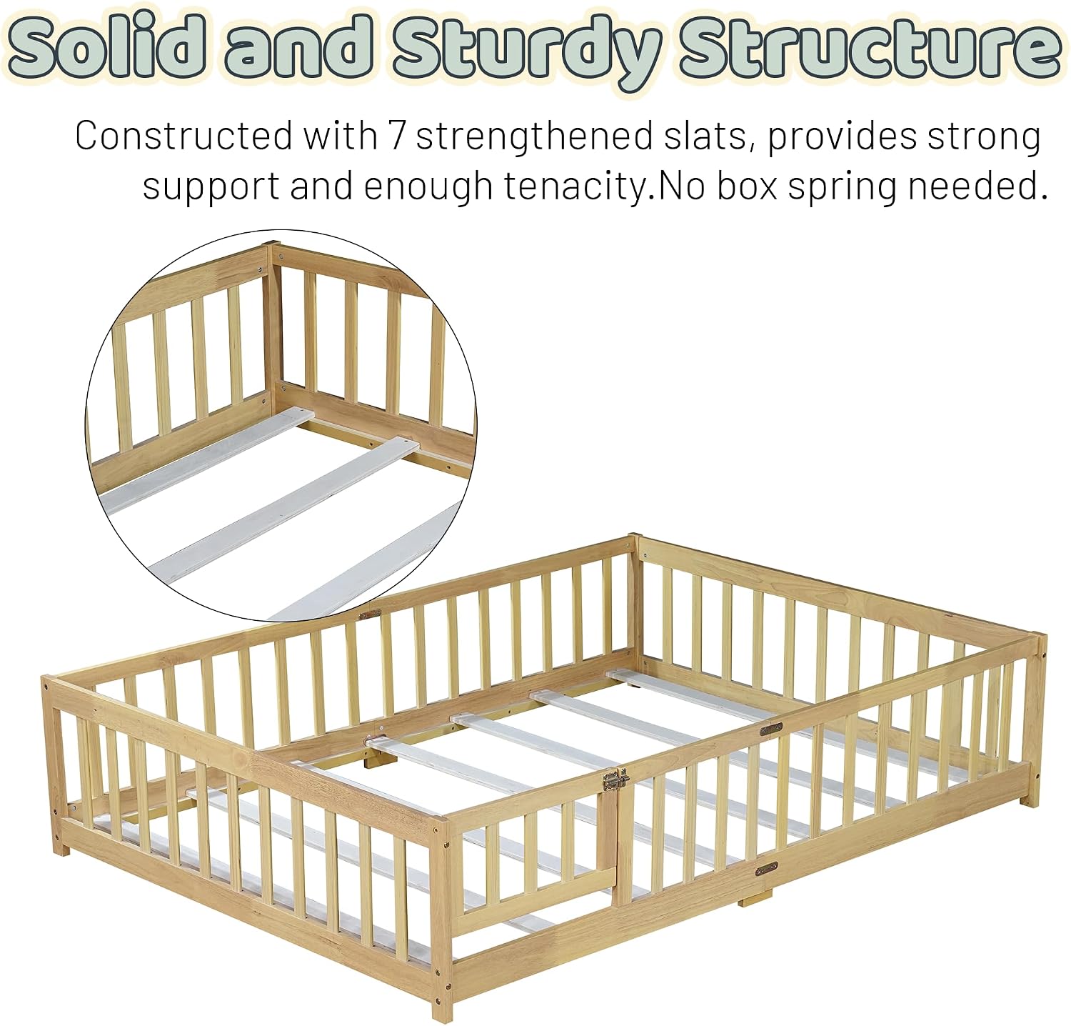 Full Floor Bed with Safety Guardrails for Kids, Rubber Wood Montessori Bed with Slats and Convertible Door,Full Size Bed Frame for Girls and Boys,No Box Spring Needed,Natural