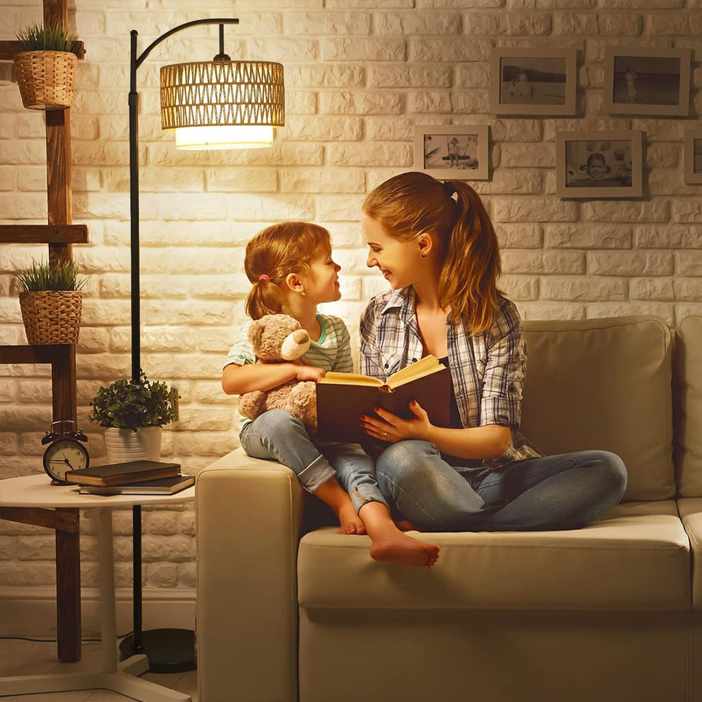 Arc Floor Lamp for Living Room with 3 Color Temperatures, Floor Lamps with Remote Dimmable Bulb, Boho Standing Lamp with Rattan Fabric Shades, Adjustable Tall Lamp for Bedroom, Office