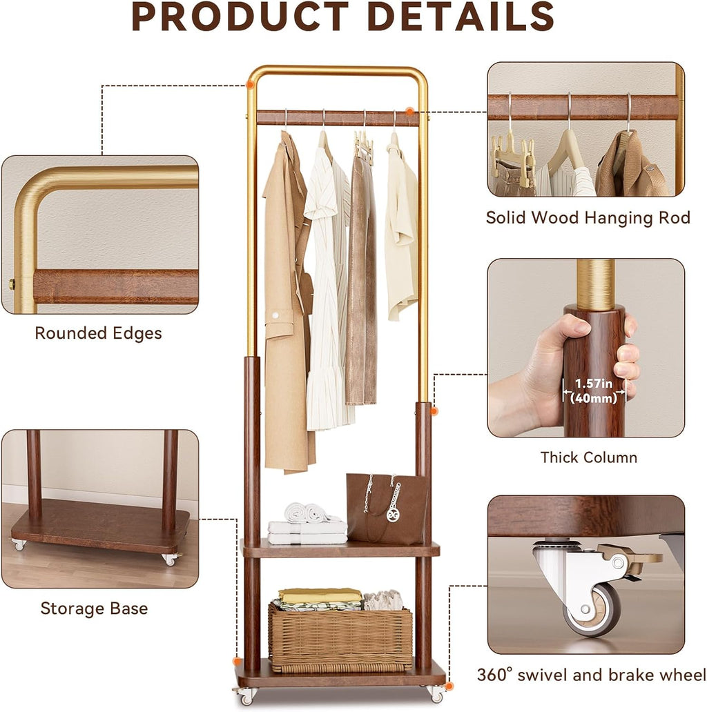Taitiy Clothes Rack Solid Wood Coat Rack,With Double Shelf Metal & Wood Clothing Rack Freestanding with Wheels for Hanging Clothes Garment, Entryway Bedroom Storage