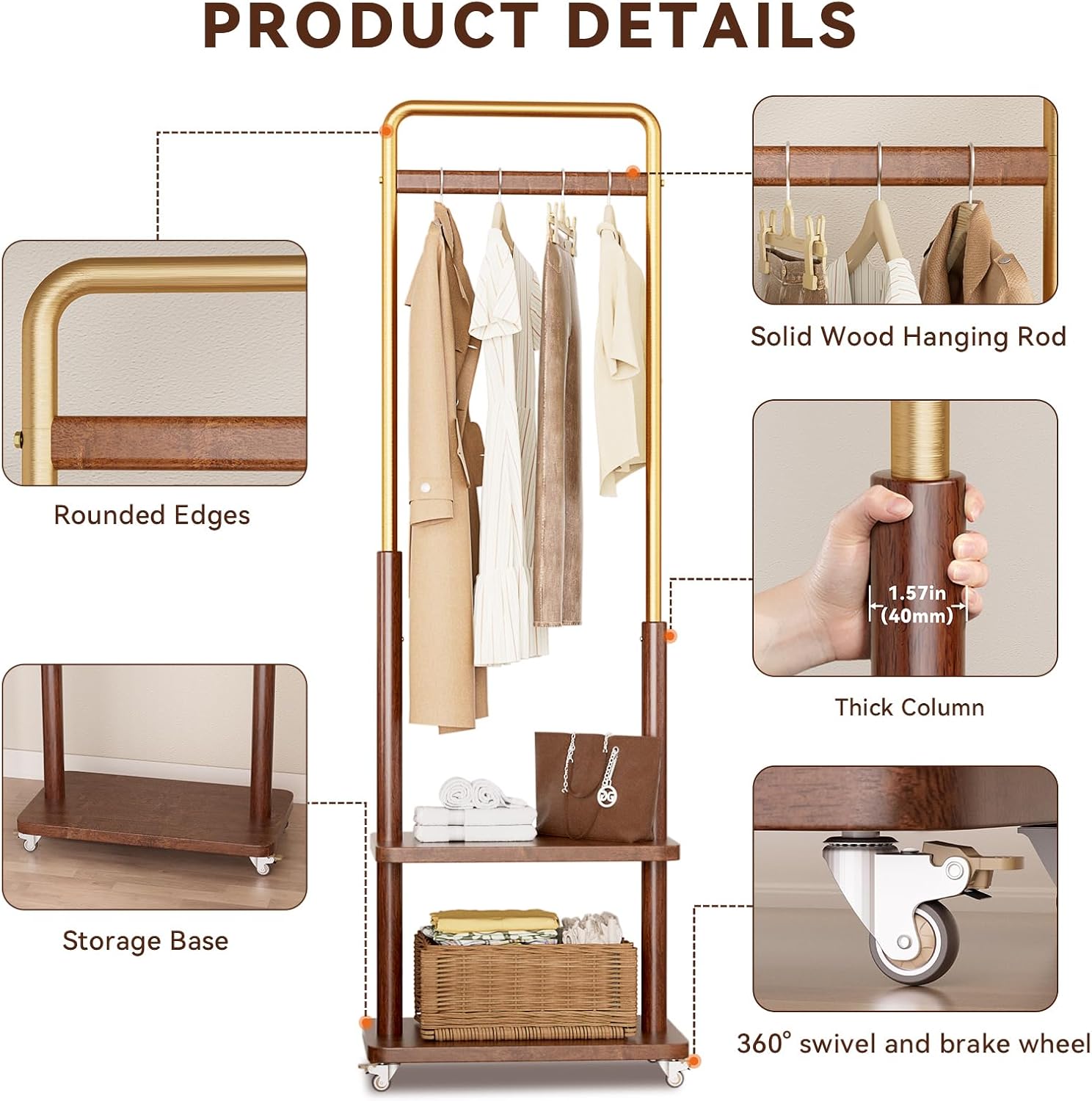 Taitiy Clothes Rack Solid Wood Coat Rack,With Double Shelf Metal & Wood Clothing Rack Freestanding with Wheels for Hanging Clothes Garment, Entryway Bedroom Storage