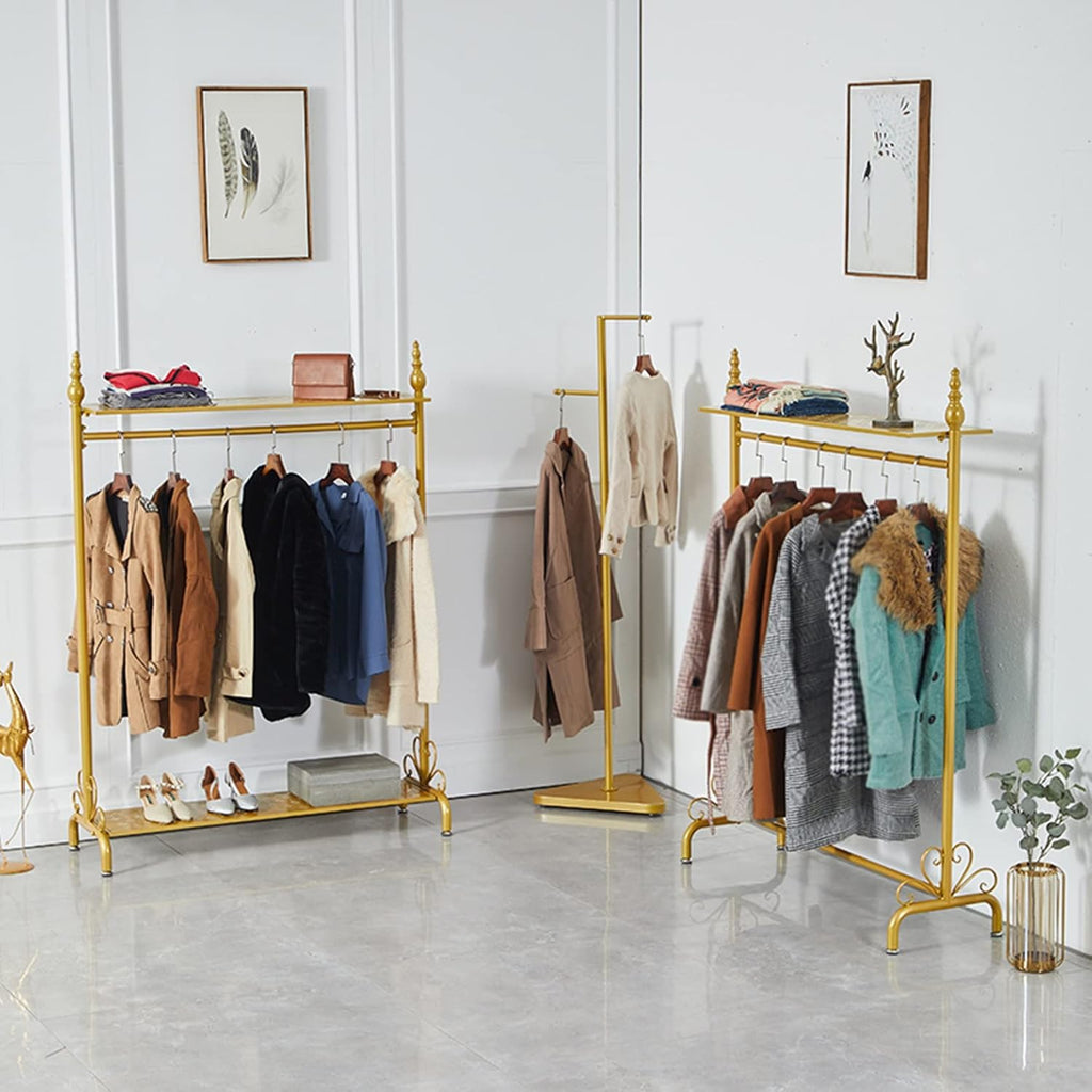 Display Clothing Garment Rack,Drying Clothing Metal Heavy Duty Organizer Storage Shelf Standing Metal Sturdy Hanger with Top Rod and Storage,for Hanging Clothes,Gold,A,80 * 40 * 165Cm