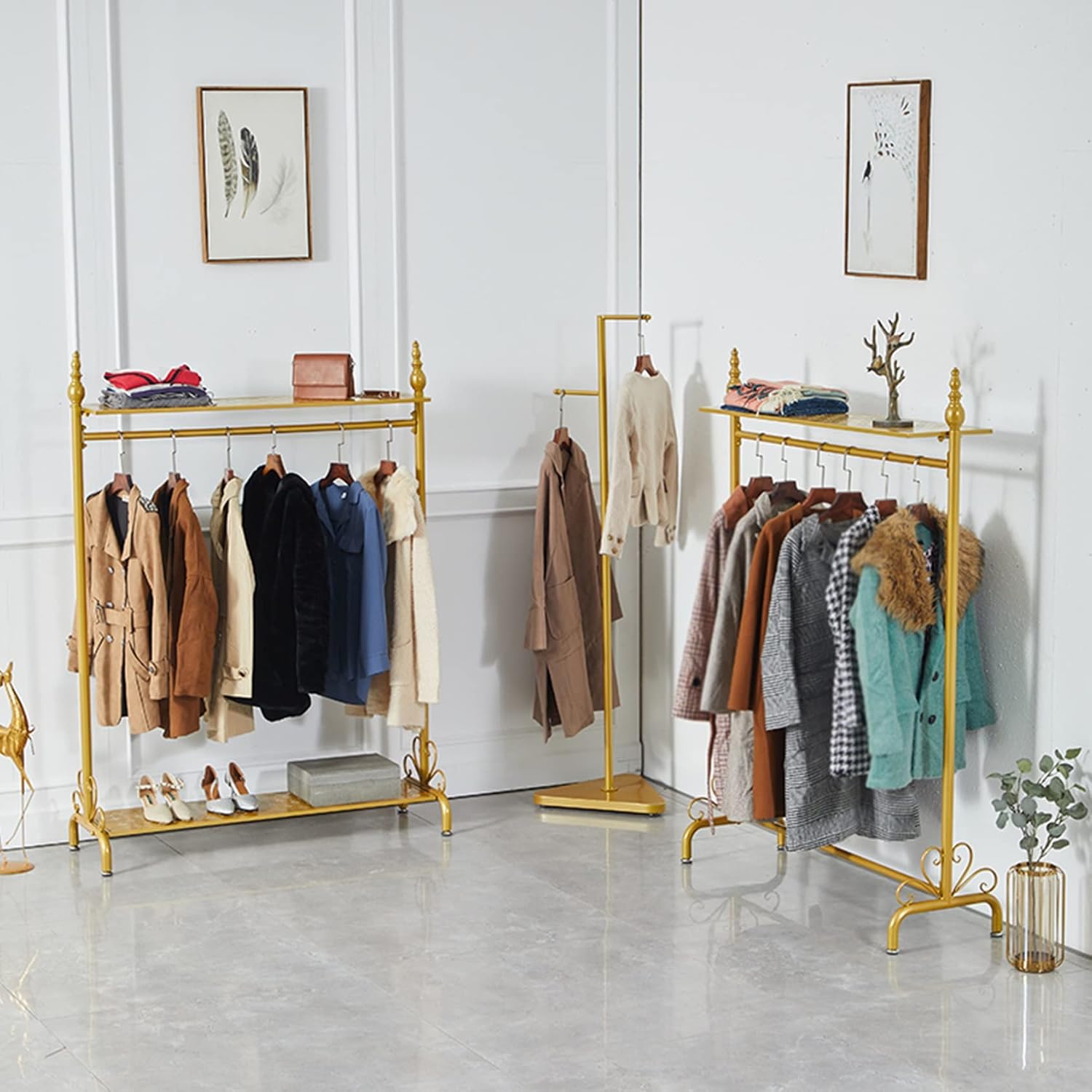 Display Clothing Garment Rack,Drying Clothing Metal Heavy Duty Organizer Storage Shelf Standing Metal Sturdy Hanger with Top Rod and Storage,for Hanging Clothes,Gold,A,80 * 40 * 165Cm
