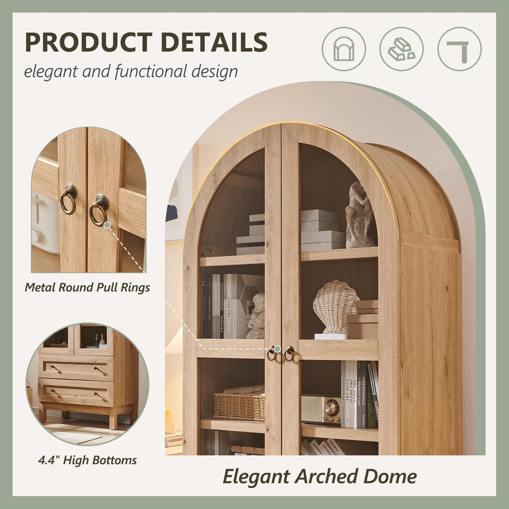 71' Tall Arched Bathroom Storage Cabinet, 4-Tier cabinet w/2 Large Drawers &Adjustable Shelves, Wooden Bathroom Floor cabinets w/Glass Doors, Modern Farmhouse Versatile Cabinets for bathroom, Natrual