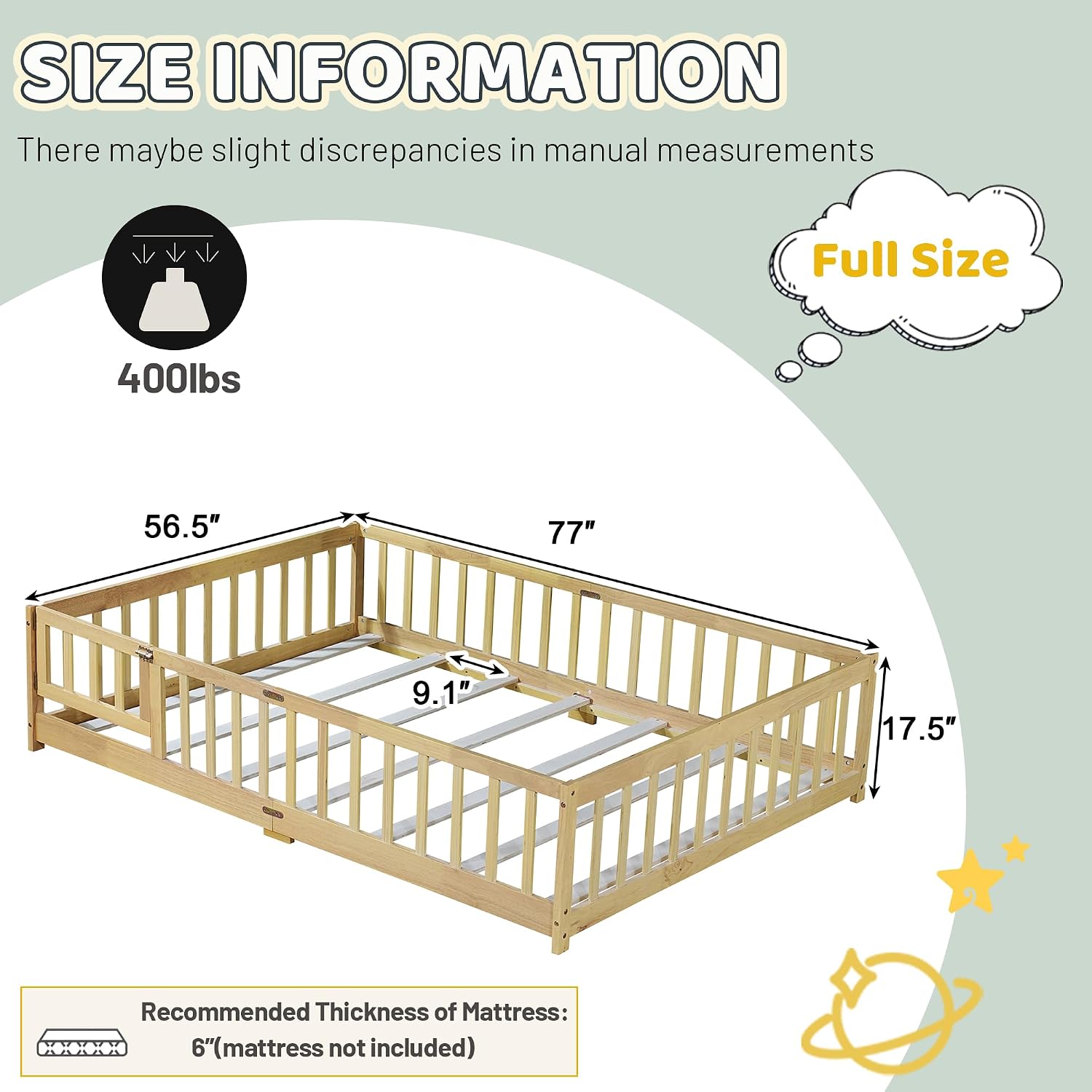 Full Floor Bed with Safety Guardrails for Kids, Rubber Wood Montessori Bed with Slats and Convertible Door,Full Size Bed Frame for Girls and Boys,No Box Spring Needed,Natural