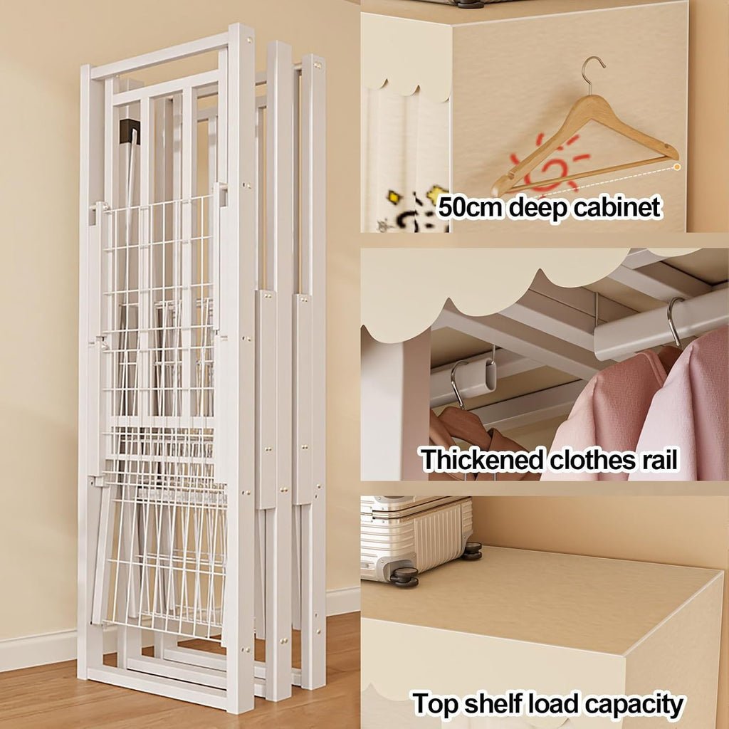 Foldable Wardrobe Closet With Cover, Heavy Duty Metal Clothes Rack For Hanging Clothes, Freestanding Coat Armoire Storage Garment Racks For Bedroom(A,216cm/85inch)