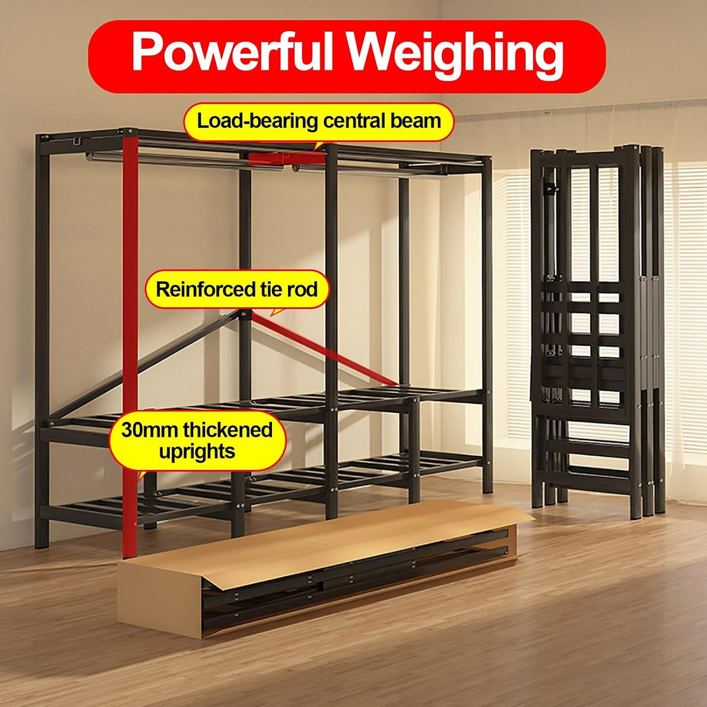 Heavy Duty Wardrobe Closet With Cover, Metal Garment Racks For Hanging Clothing, Foldable Armoire Covered Clothes Rack, Freestanding Coat Storage For Bedroom, Apartments(B,145cm/57.1in)