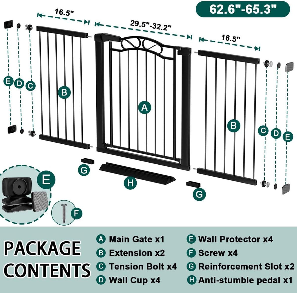 Fairy Baby 62.6'-65.3' Extra Wide Baby Gate with Door, 63 64 65 Inches Walk THR Baby Gates for Stairs Pressure Mounted no Drill, Indoor Tension Metal Child Pet Dog Safety Gate for Kids, Black