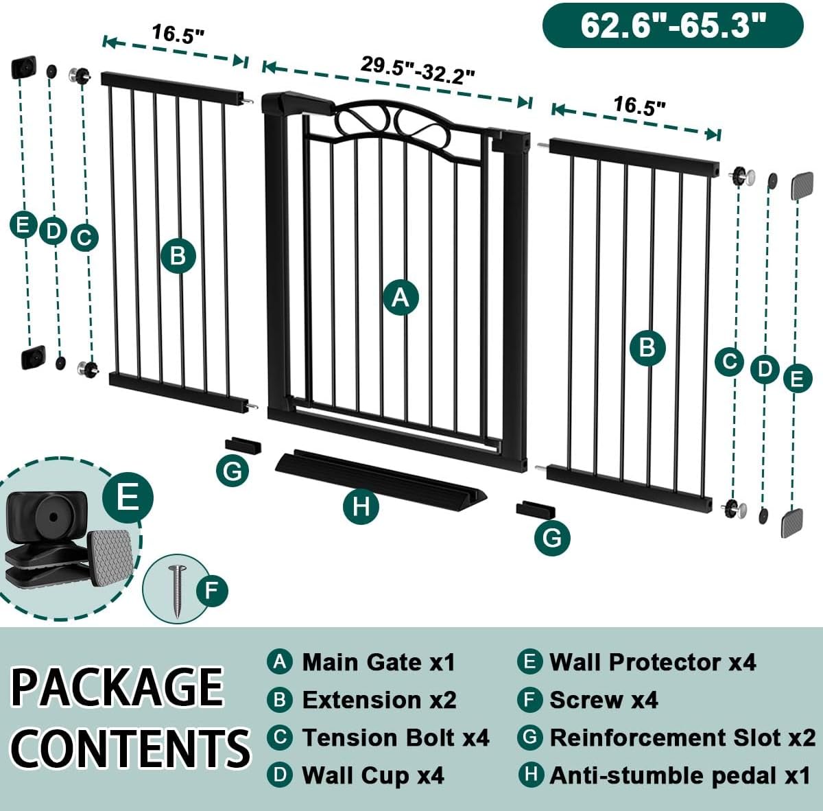 Fairy Baby 62.6'-65.3' Extra Wide Baby Gate with Door, 63 64 65 Inches Walk THR Baby Gates for Stairs Pressure Mounted no Drill, Indoor Tension Metal Child Pet Dog Safety Gate for Kids, Black