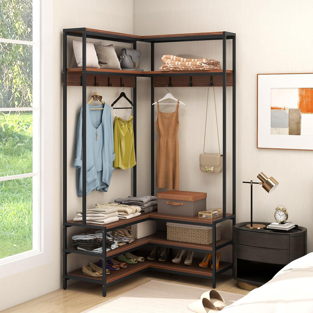 Multigot L-shaped Clothes Rack, Freestanding Corner Garment Rack Hall Tree with Shoe Storage Bench, Shelves and 7 Hooks, Metal Frame Coat Rack Stand Closet Storage Organizer (Walnut+Black)