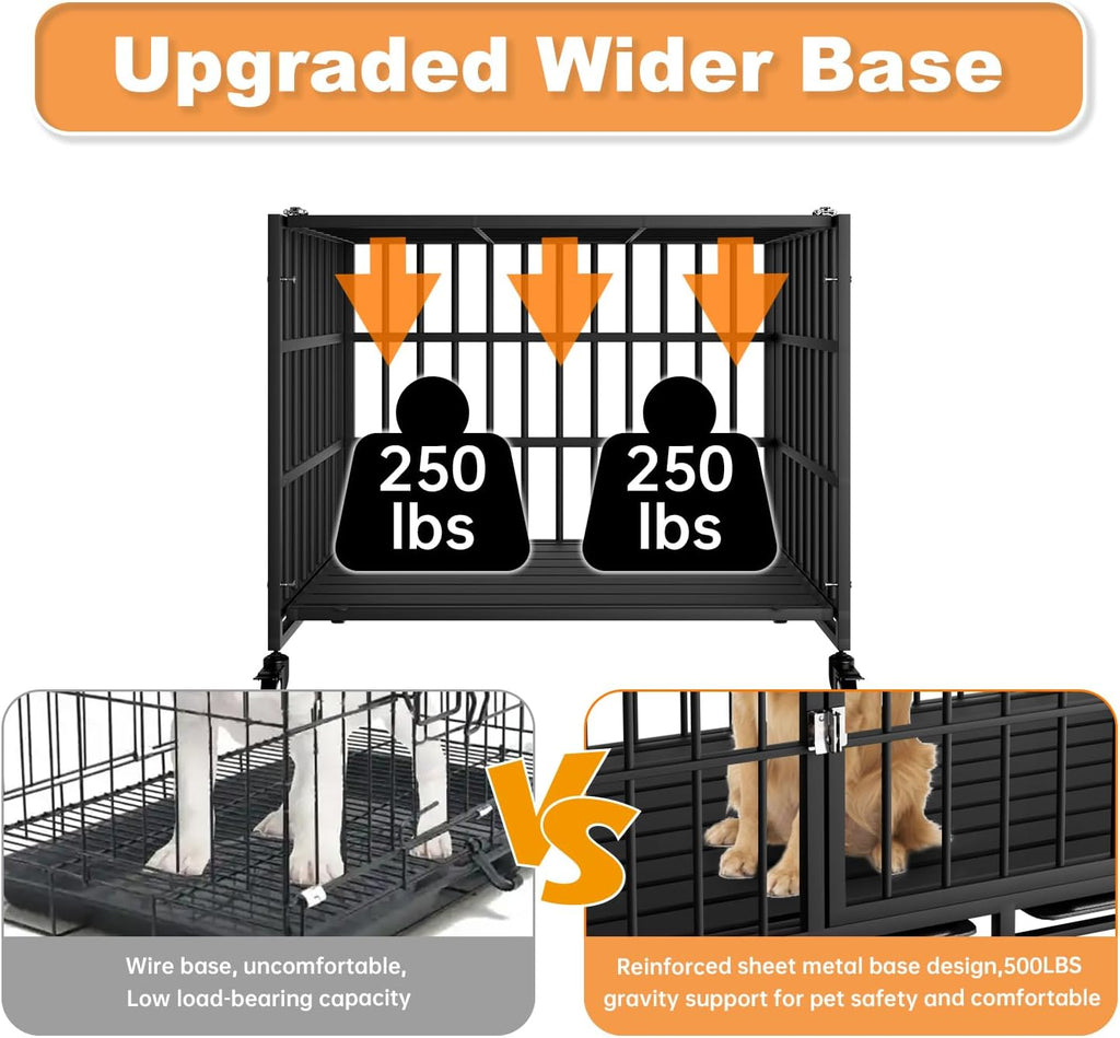 37 Inch Heavy Duty Dog Crate with Wheels,Indestructible Escape-Proof Dog Kennel with Locking Latch and Double Door,Extra Large XL XXL Crate Indoor for Large and Medium Dog with Removable Tray