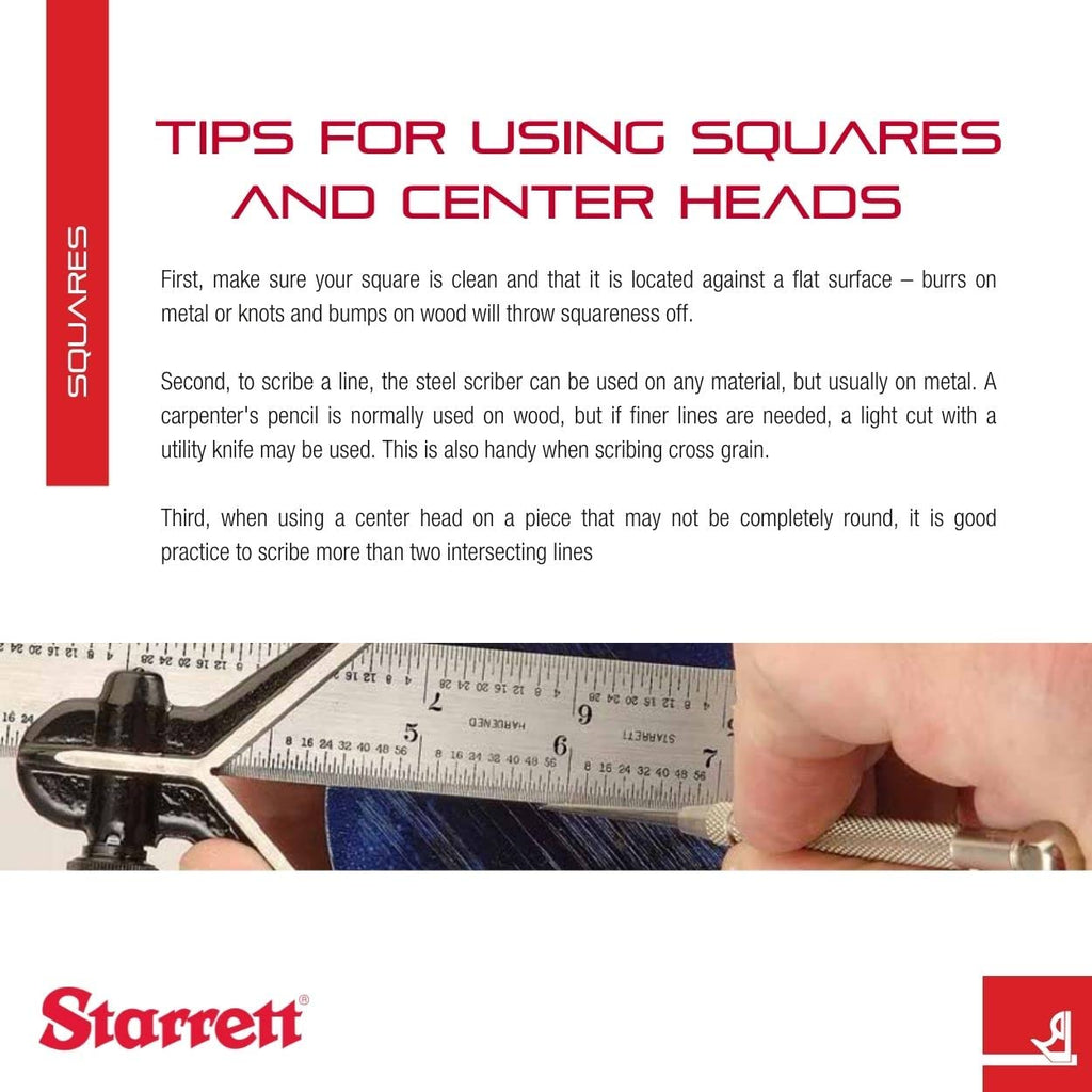 Starrett Steel Combination Square with Square Head - 24' Blade Length, Cast Iron Heads, Reversible Lock Bolt, Scriber, Spirit Level, 4R Graduation Type - 11H-24-4R