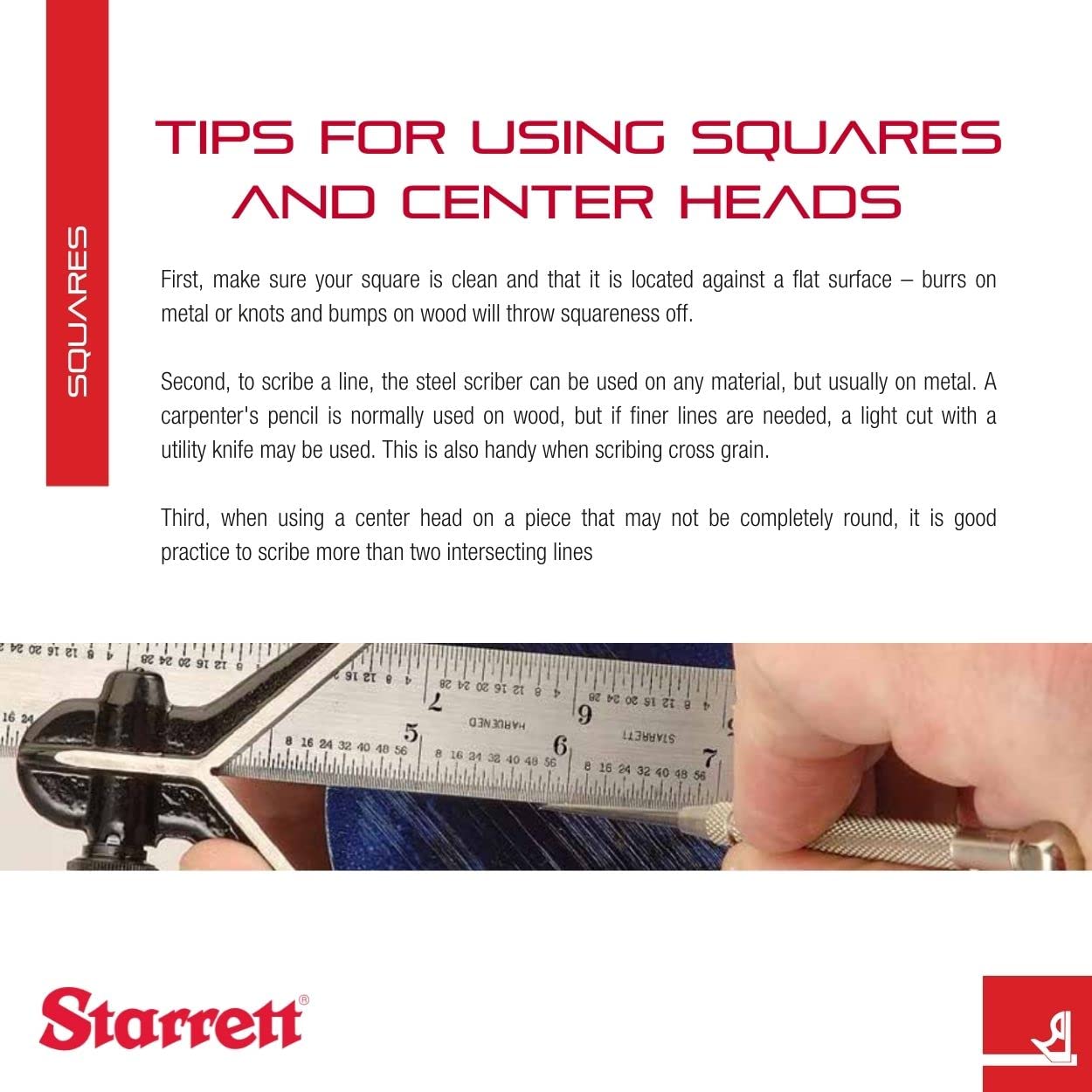 Starrett Steel Combination Square with Square Head - 24' Blade Length, Cast Iron Heads, Reversible Lock Bolt, Scriber, Spirit Level, 4R Graduation Type - 11H-24-4R