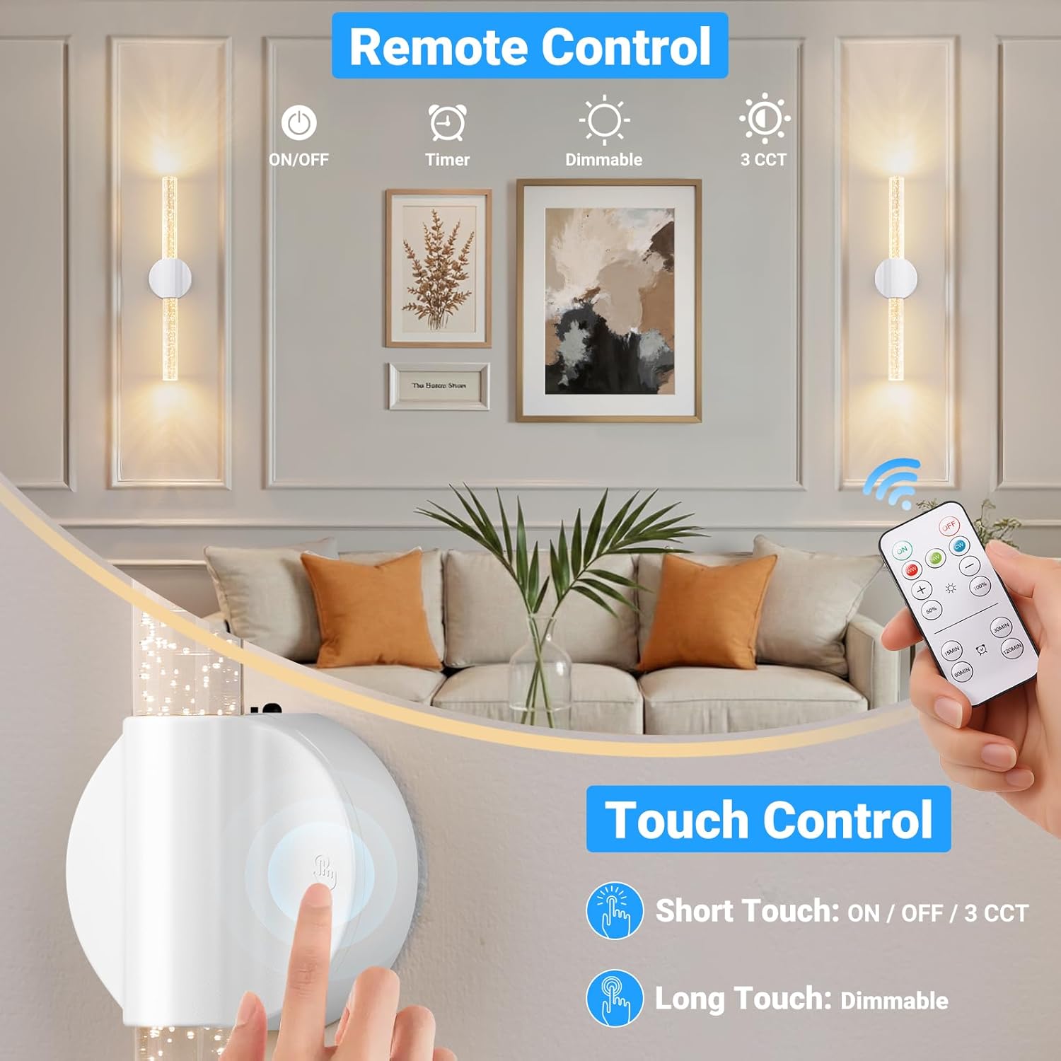 Peel and Stick on Battery Powered Wall Sconces Set of Two, Rechargeable Magnetic Linear Wall Lights for Bedroom, Cordless Sconces with Remote&Touch Control, 3CCT&Dimmable Vanity Wall Lamp, White