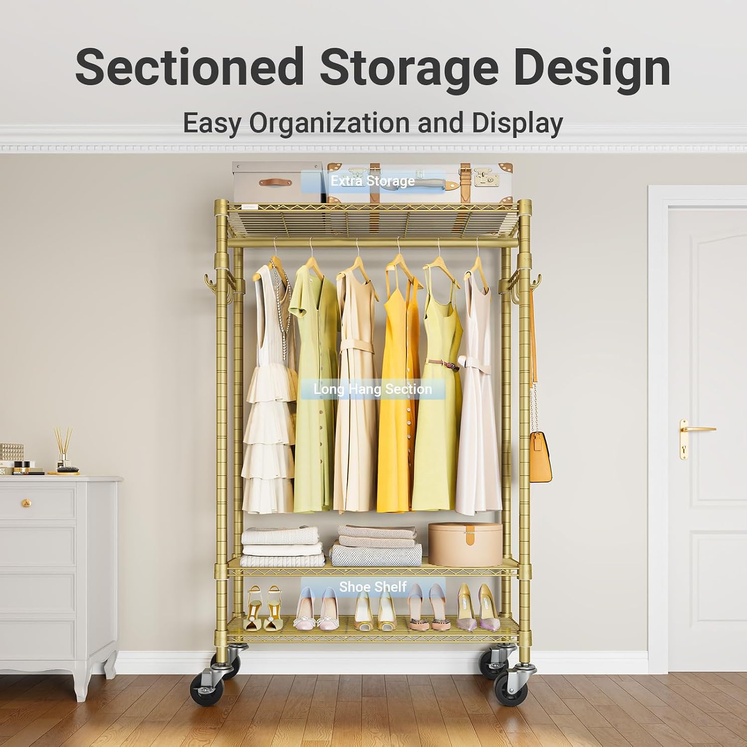 VIPEK R3 Heavy Duty Clothes Rack with Lockable Wheels, Rolling Portable Closet with Adjustable Shelves & Hanging Rod & Side Hooks, Compact Space-Saving Storage for Small Apartments/Dorms (Gold)