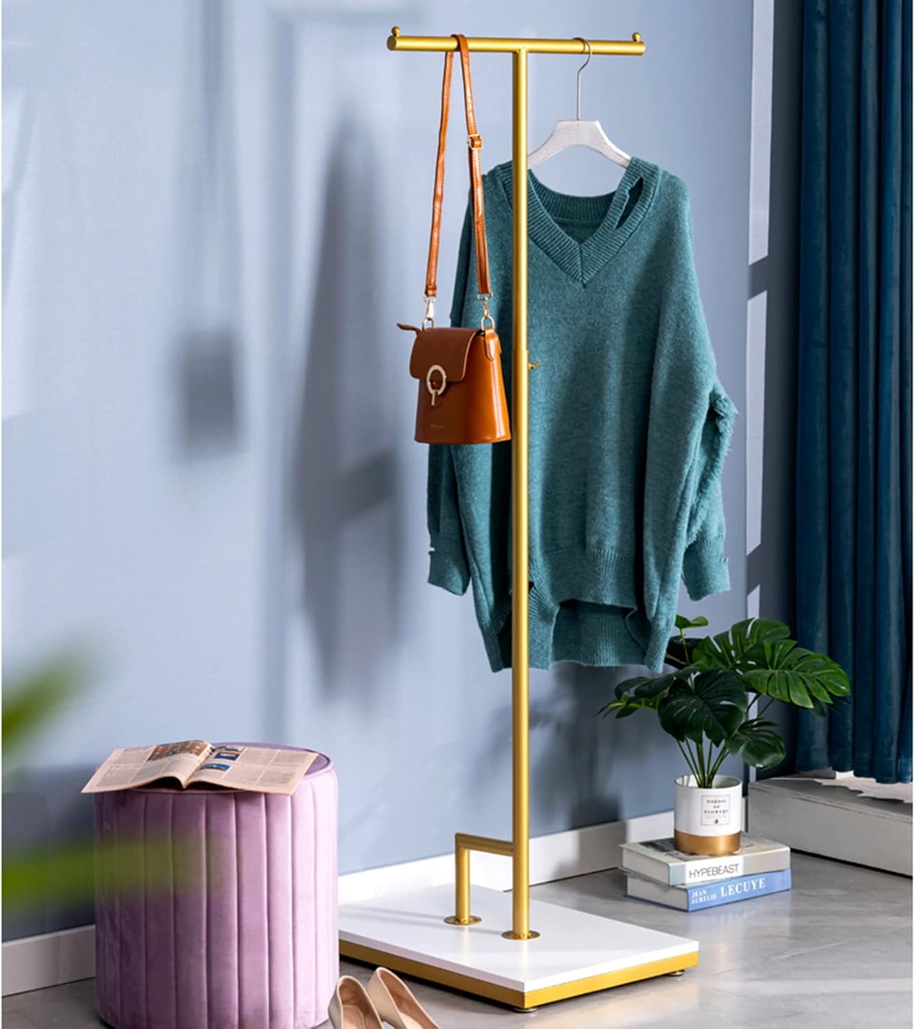 Garment Rack T-Shaped Hanging Rod Clothing Retail Store Display Stands, Freestanding Metal Garment Racks with Wood Shelves, Adjustable Height Clothes Hanging Rack for Hallway Bedroom, Gold