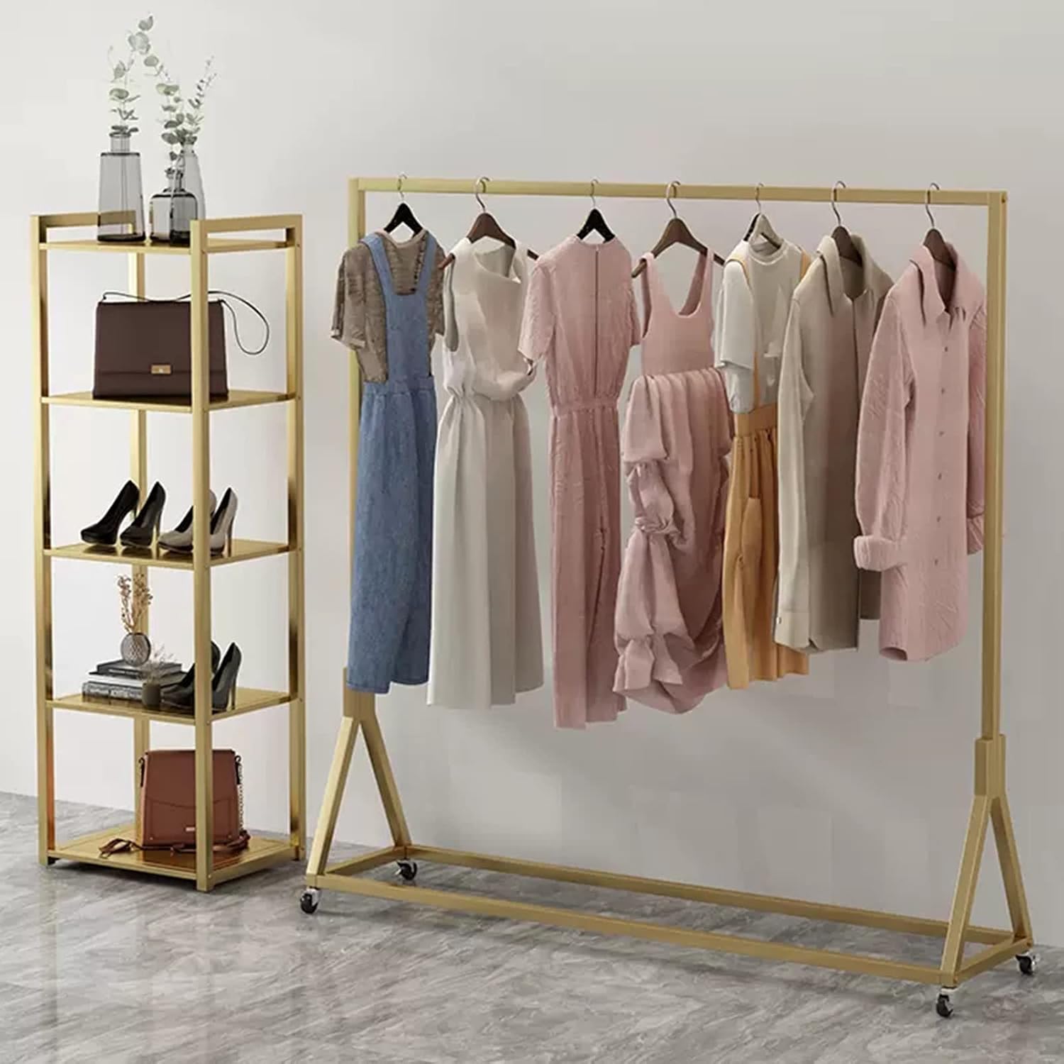 Garment Rack Heavy Duty Clothing Rack for Hanging Clothes Gold Metal Clothes Rail On Wheels Clothing Store Display Rack Easy to Assemble Coat Rack for Bedroom and Living Room