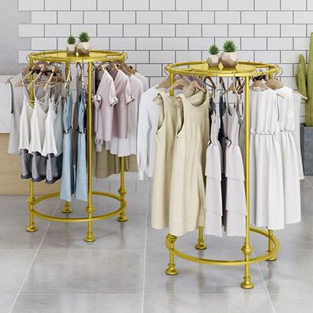 Freestanding Round Garment Display Retail Rack, Floor-Standing Double Space Multi-Purpose Metal Shelf for Clothes Storage, Commercial Clothing Organizer in Retail Boutiques and Bedroom
