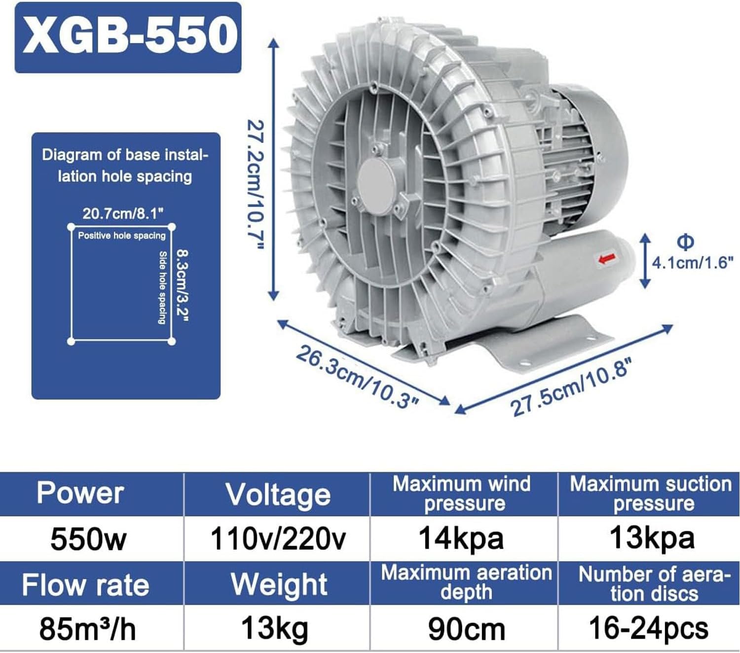 Single-phase radial fan gas ring turbine, regenerative blower, single-phase gas ring compressor, gas ring turbine side channel compressor 120W-2200W, for wastewater aeration aquarium,550W/0.74HP