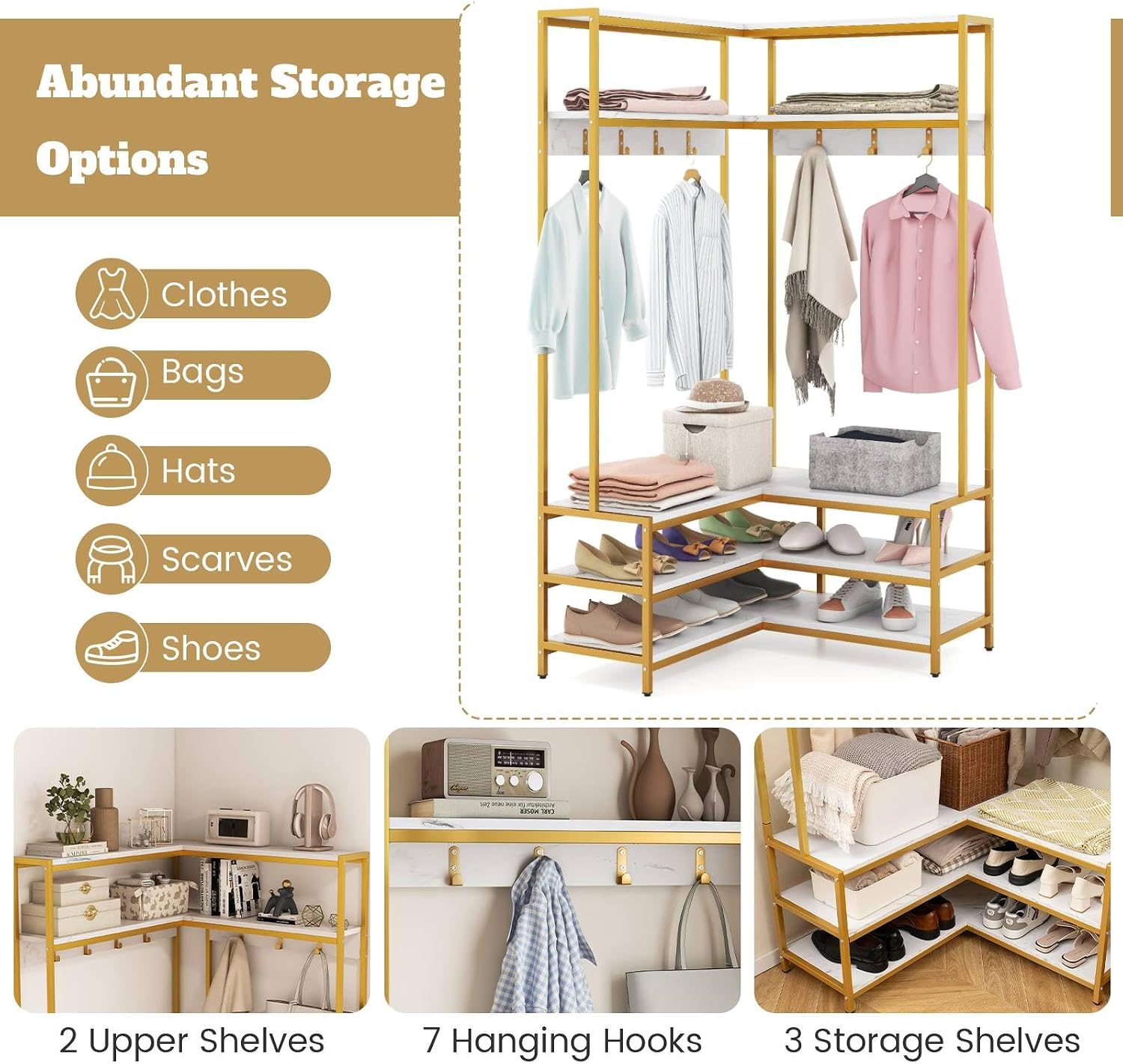 Multigot L-shaped Clothes Rack, Freestanding Corner Garment Rack Hall Tree with Shoe Storage Bench, Shelves and 7 Hooks, Metal Frame Coat Rack Stand Closet Storage Organizer (White+Golden)