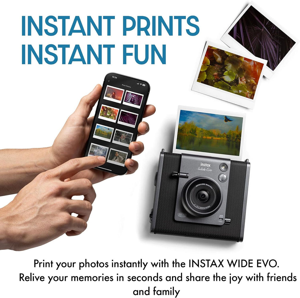 Fujifilm Instax Wide Evo Hybrid Instant Film Camera (16840957) Bundle with Vintage Style Compatible Carrying Case + 32GB Memory Card + Cleaning Cloth + More