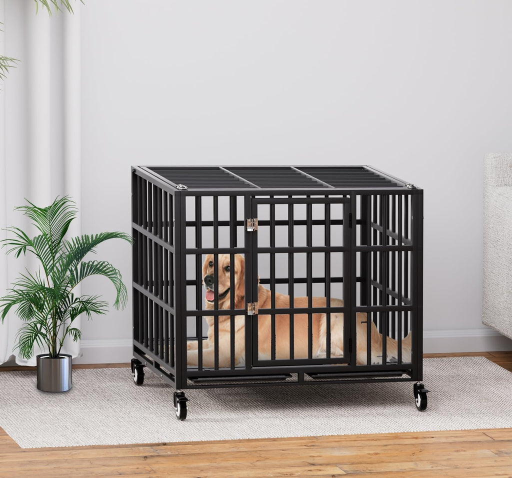 37 Inch Heavy Duty Dog Crate with Wheels,Indestructible Escape-Proof Dog Kennel with Locking Latch and Double Door,Extra Large XL XXL Crate Indoor for Large and Medium Dog with Removable Tray