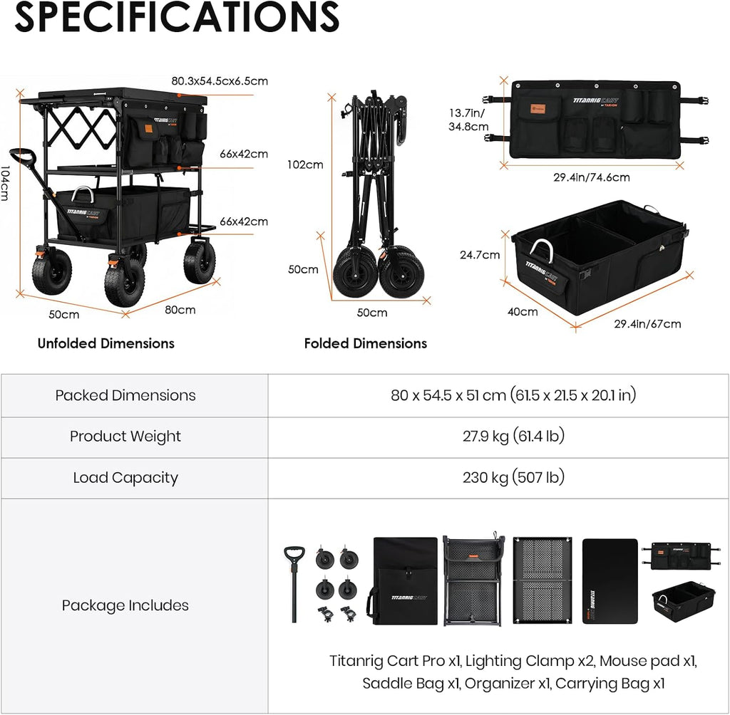 TARION Video Production Camera Cart - Foldable Photography Dolly with Inflatable Rubber Wheels and Wider Top Shelf - Heavy Duty Mobile Workstation with Storage Bins for Film Crew - Titanrig Cart Pro