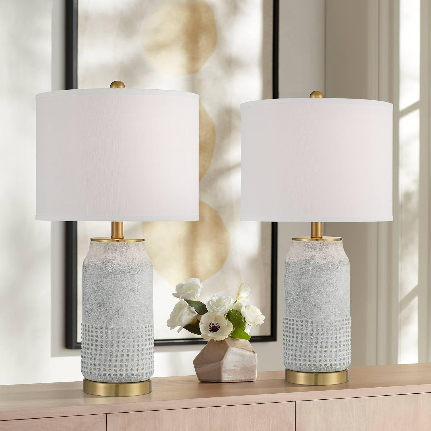 360 Lighting Holly 24 3/4' High Modern 3-Way Table Lamps Set of 2 Gold and Gray Finish Ceramic Fabric White Shade Living Room Bedroom Bedside Nightstand House Office Home Reading Kitchen Entryway