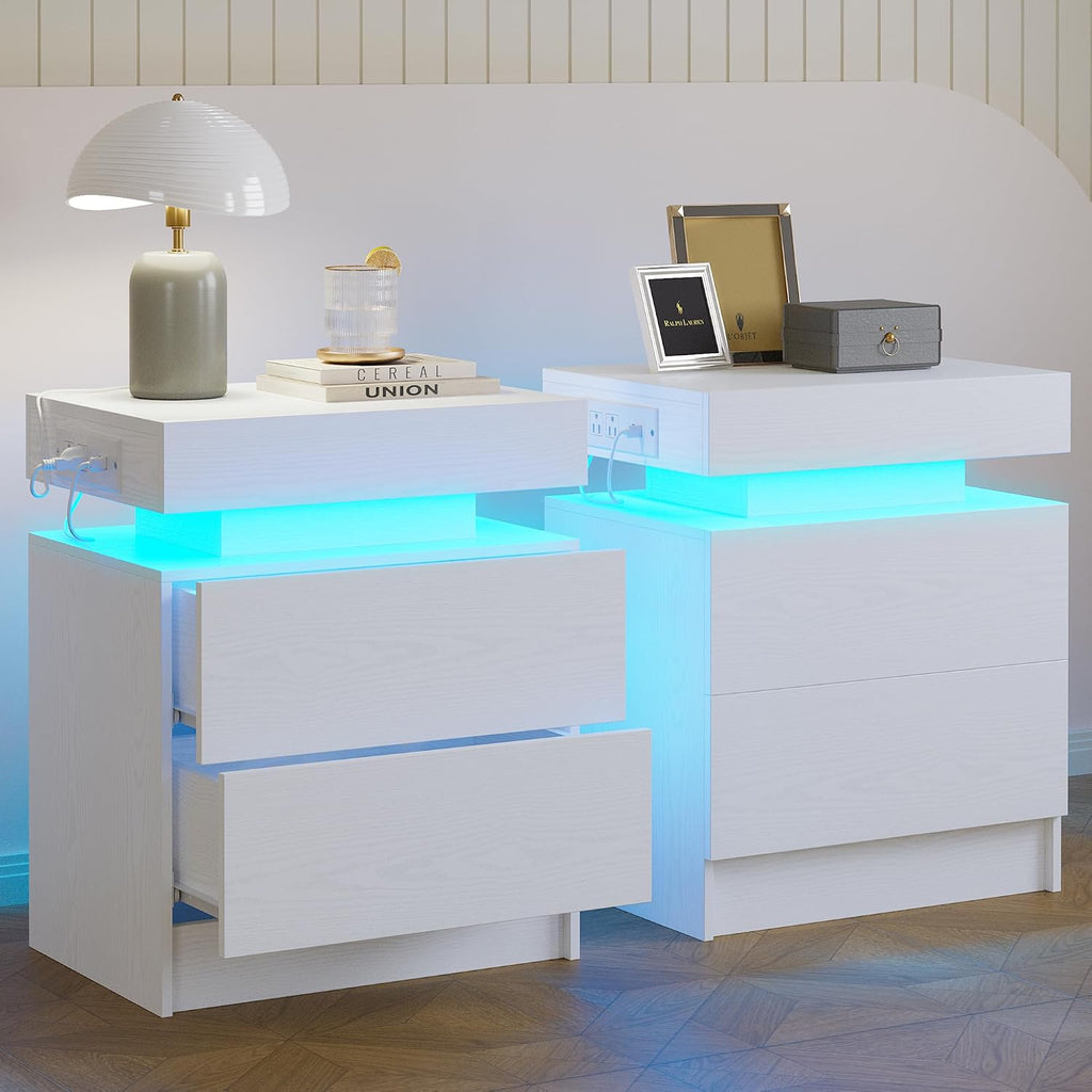 LIKIMIO Night Stand Set of 2, Modern White Nightstand with with Charging Station, Bedside Tables with LED Light and Drawers, End Table for Bedroom
