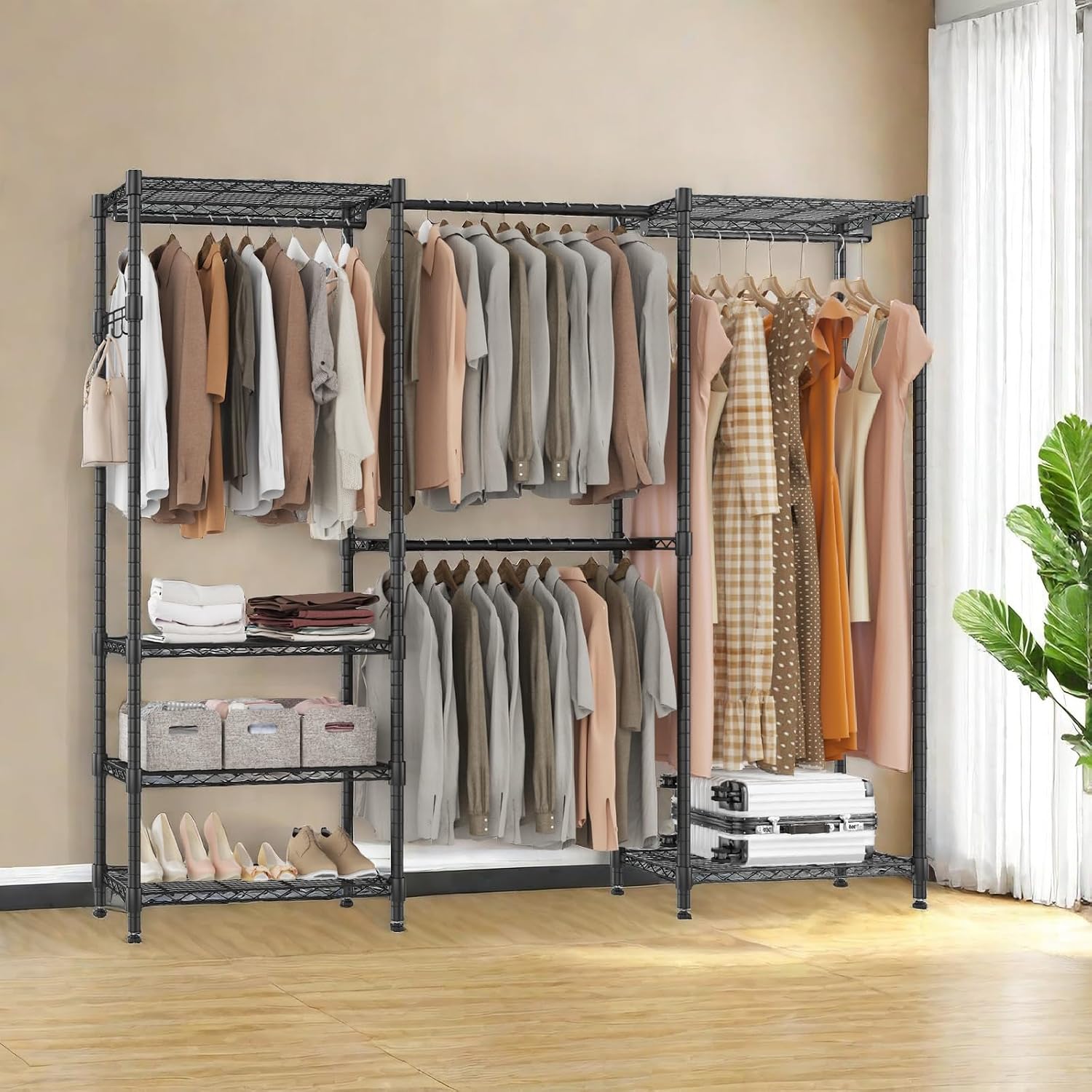 BATHWA Heavy Duty Clothes Rack Freestanding Closet for 68.9 to 90.2' Space | Expandable Clothing Storage, Adjustable 6 Shelves, 4 Hanging Rods, Massive Capacity 870 lbs, Black Metal Wardrobe