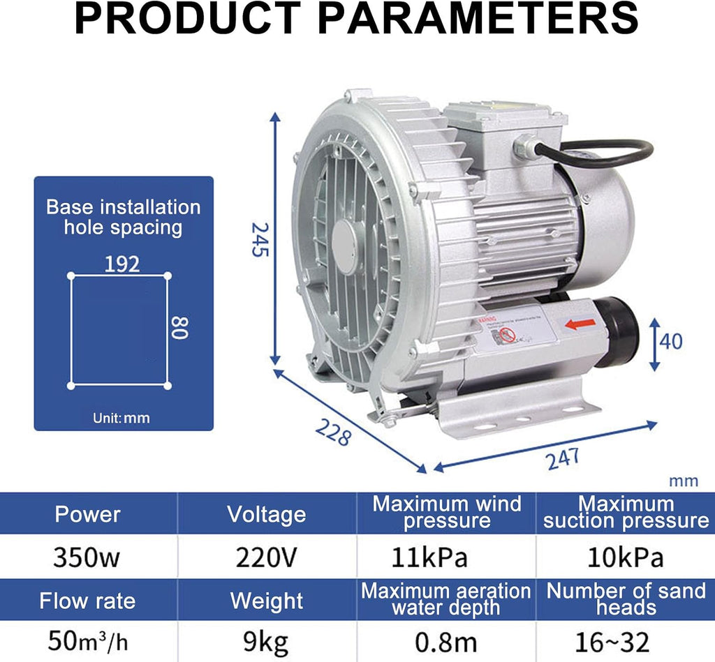 Industrial Vacuum Pump for Dust Removal, 220V/380V Regenerative Vortex Ring Blower, 350W High Power Factory Ventilation System, Heavy-Duty Performance