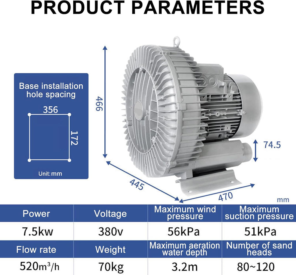Industrial Vacuum Pump for Factory Ventilation & Dust Removal, 220V/380V Regenerative Vortex Blower, 7.5KW Powerful Air Mover for Heavy-Duty Applications