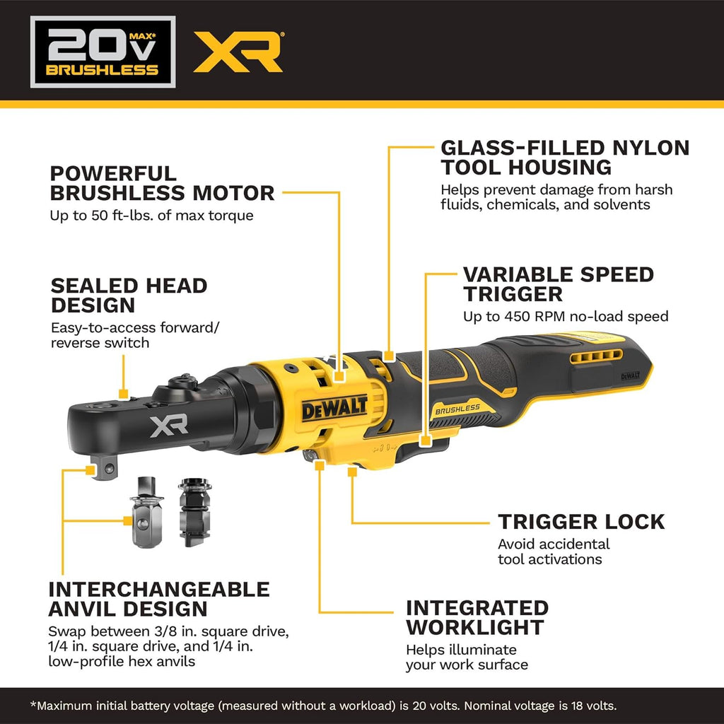 DEWALT 20V MAX* XR Brushless 1/4 in. & 3/8 in. Sealed Head Ratchet (Tool Only) (DCF520B)
