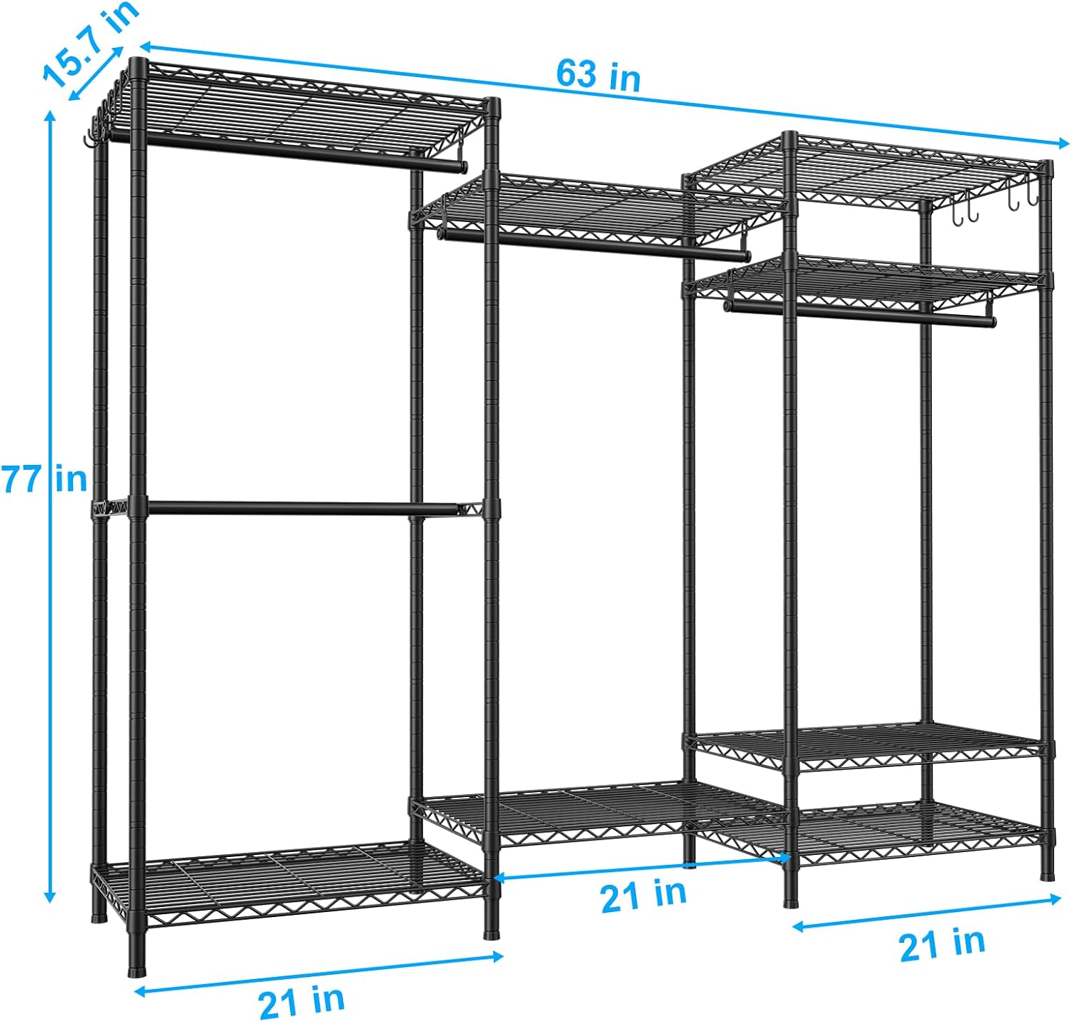 Ulif E13 Heavy Duty Clothes Rack（With 4 Hanger Rods & 8 Shelves） Freestanding Clothing Racks for Hanging Clothes，Adjustable Closet Organizer，Metal Garment Rack 63' W x16 D x77 H，Max Load 900LBS，Black