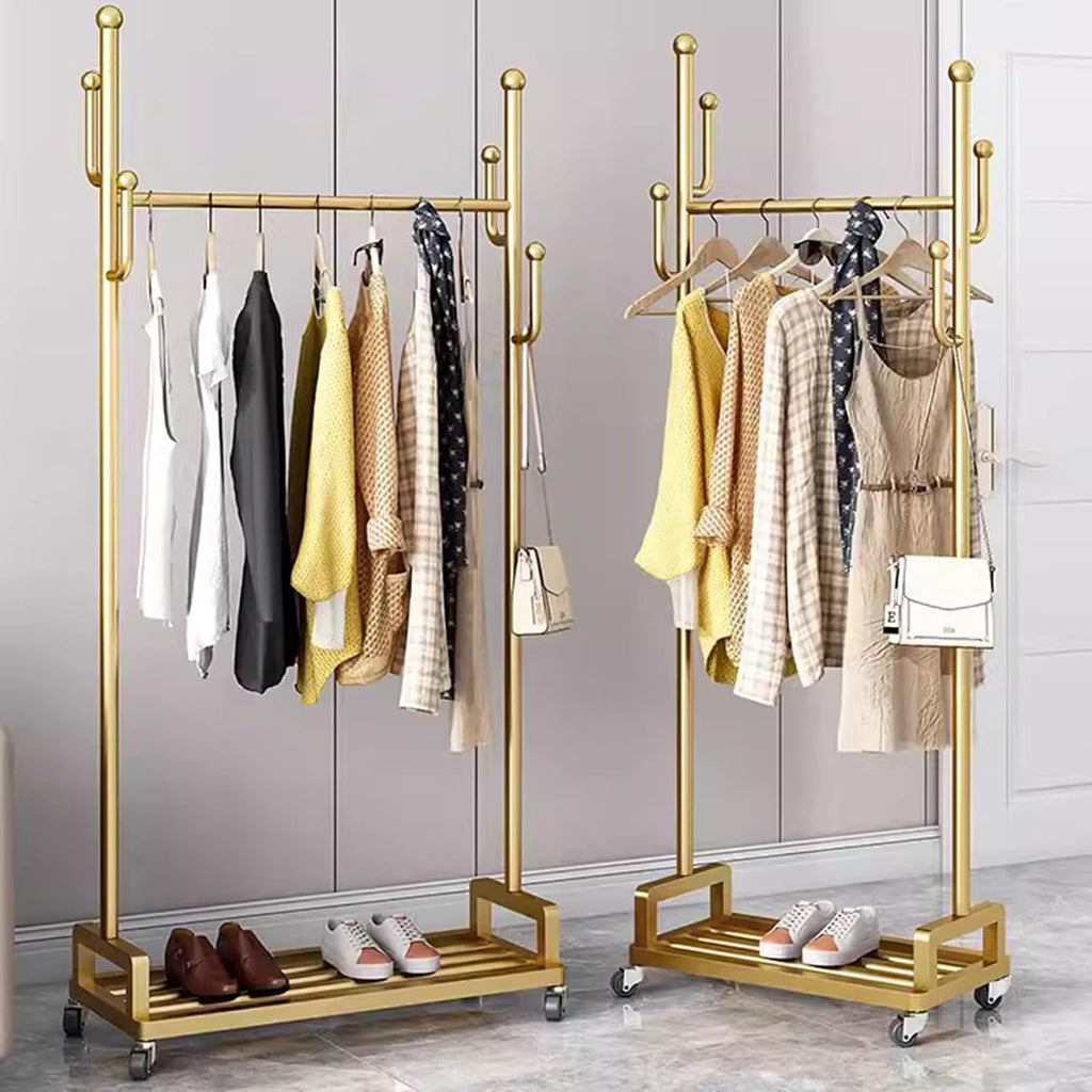 Heavy Duty Metal Clothes Rack with Rolling Wheels Storage Shelves and 6 Hooks Durable Garment Rack for Hanging Clothes,Gold-60 x 35 x 175 cm