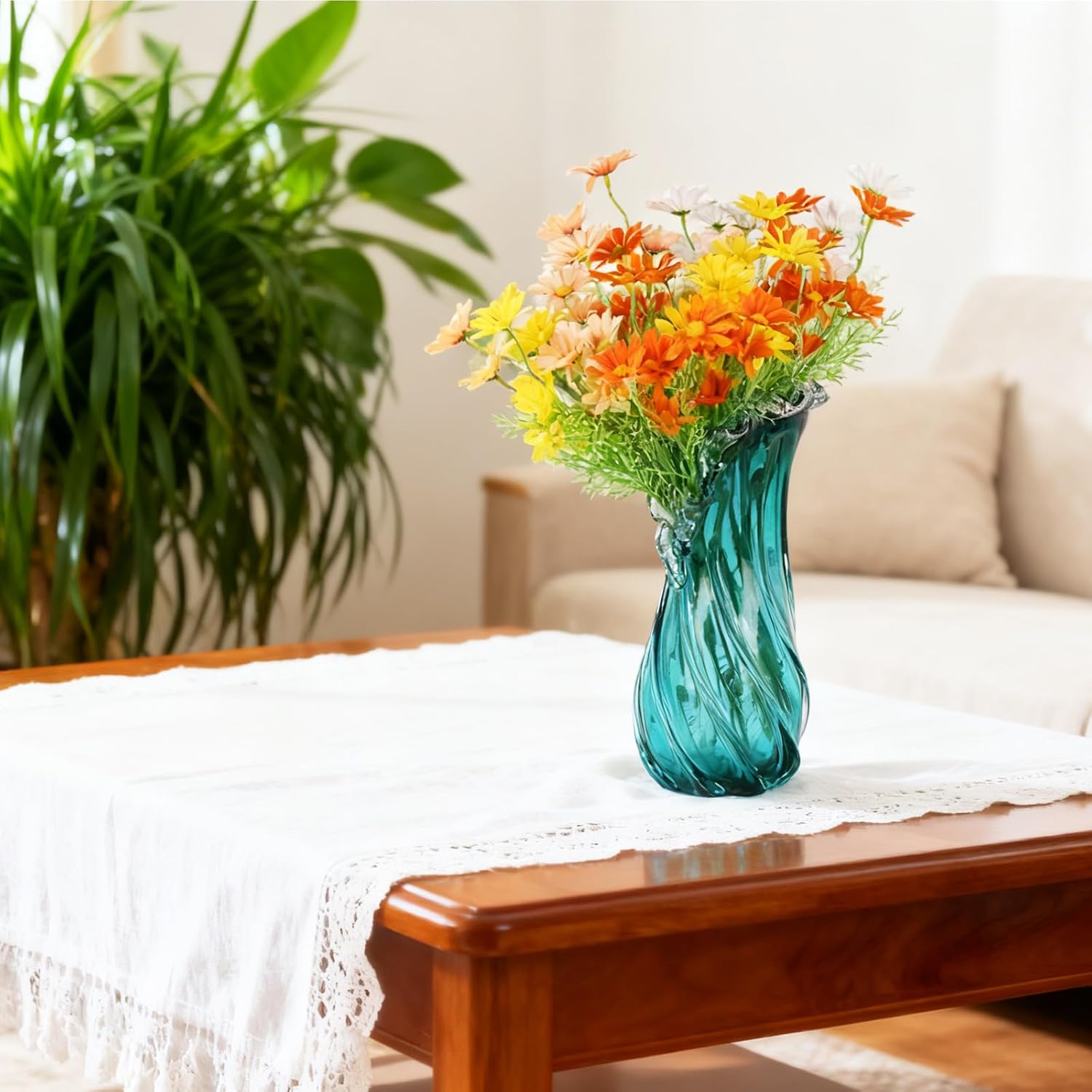 Vases Home Decor - 16In Crystal Vase, Glass Blue Vase, Flower Holders for Bouquet, Centerpieces & Single Stems, Tall for Roses, Dried Flowers, Pampas Grass, Fits Living Room Bedroom Office (L)