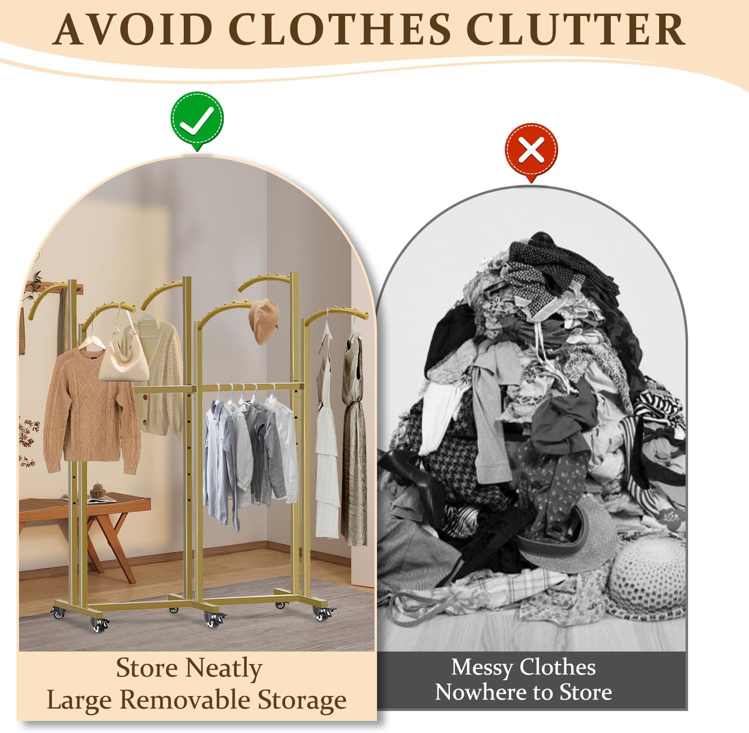 Clothes Rack 6 Arms Clothing Display Racks for Retail, Floor Standing Metal Garment Rack with Wheels 48'' to 67'' Adjustable Height for Hanging Clothes,Gold