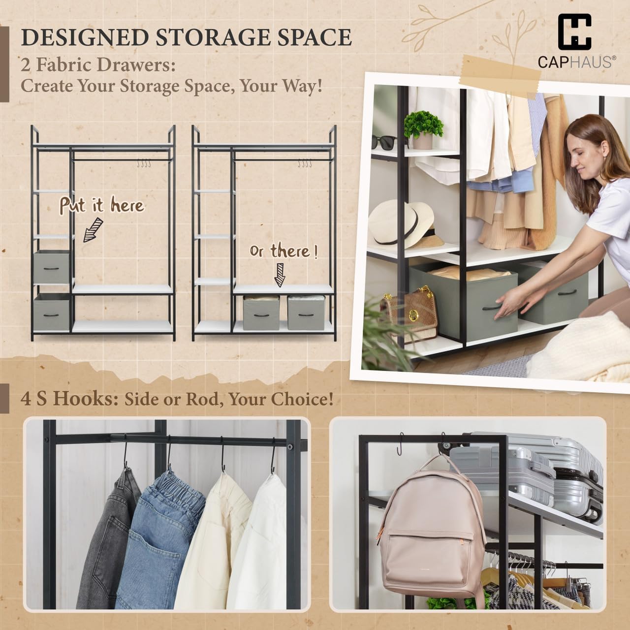 Fencer Wire Heavy Duty 979lbs Freestanding Closet Organizer w/Hanging Rods & Fabric Drawers, Garment Rack, Metal Clothes Rack w/Wood Shelves, Freestanding Closet Wardrobe, Rustic Oak Board