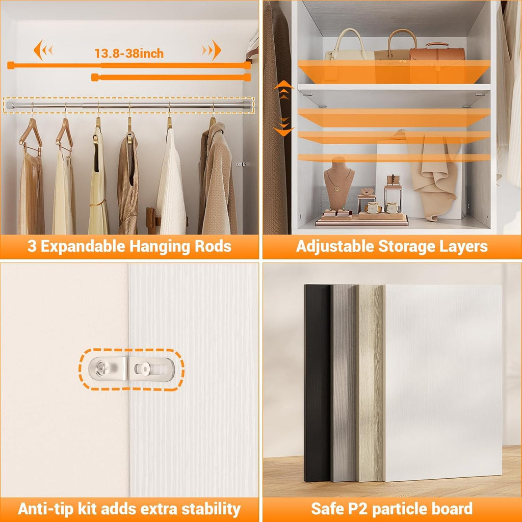 Homieasy 96 Inches Closet Organizer System, 8FT Customizable Walk In Closet Organizer with Hanging Rods, 3 Drawers Garment Rack with Leather Handle , 96' L x 16' W x 75' H, Max Load 1000 LBS, White