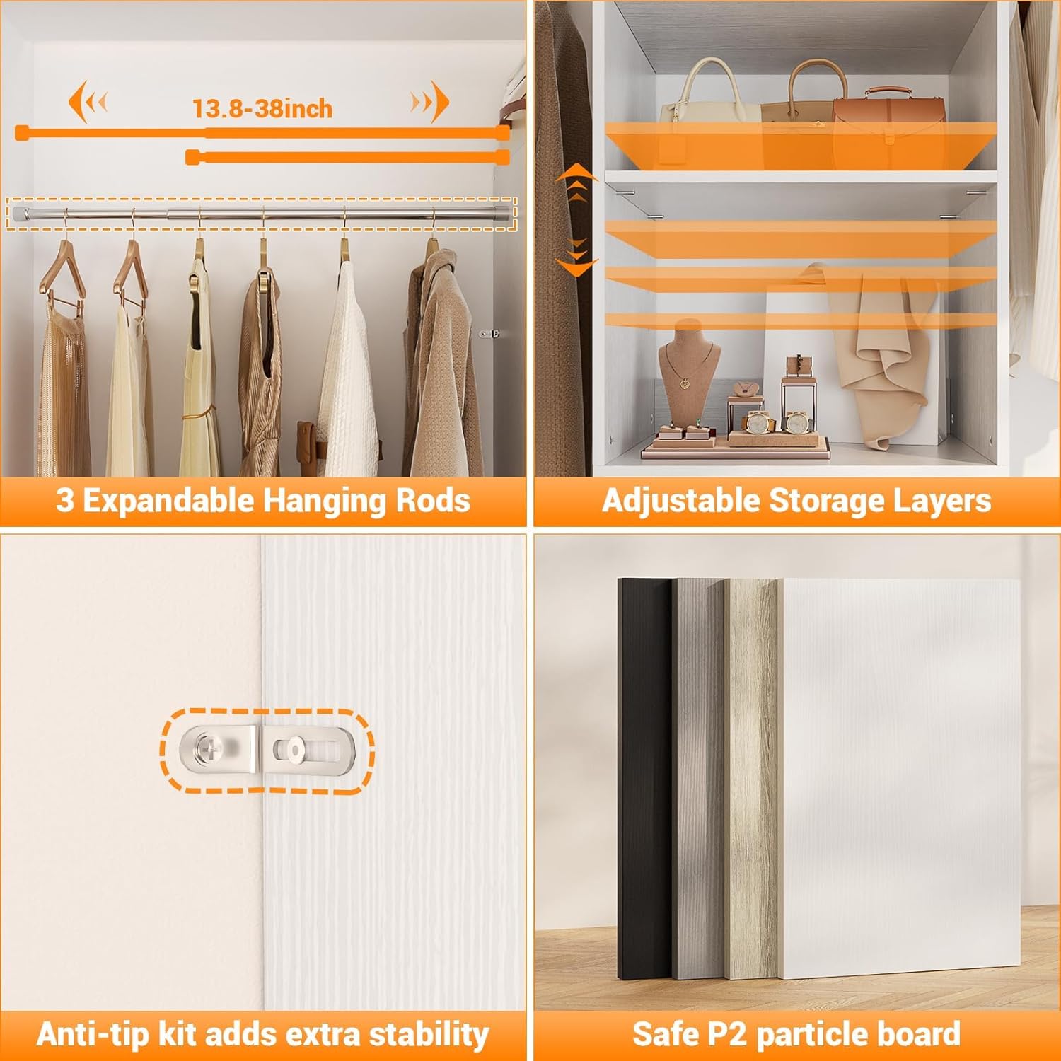 Homieasy 96 Inches Closet Organizer System, 8FT Customizable Walk In Closet Organizer with Hanging Rods, 3 Drawers Garment Rack with Leather Handle , 96' L x 16' W x 75' H, Max Load 1000 LBS, White