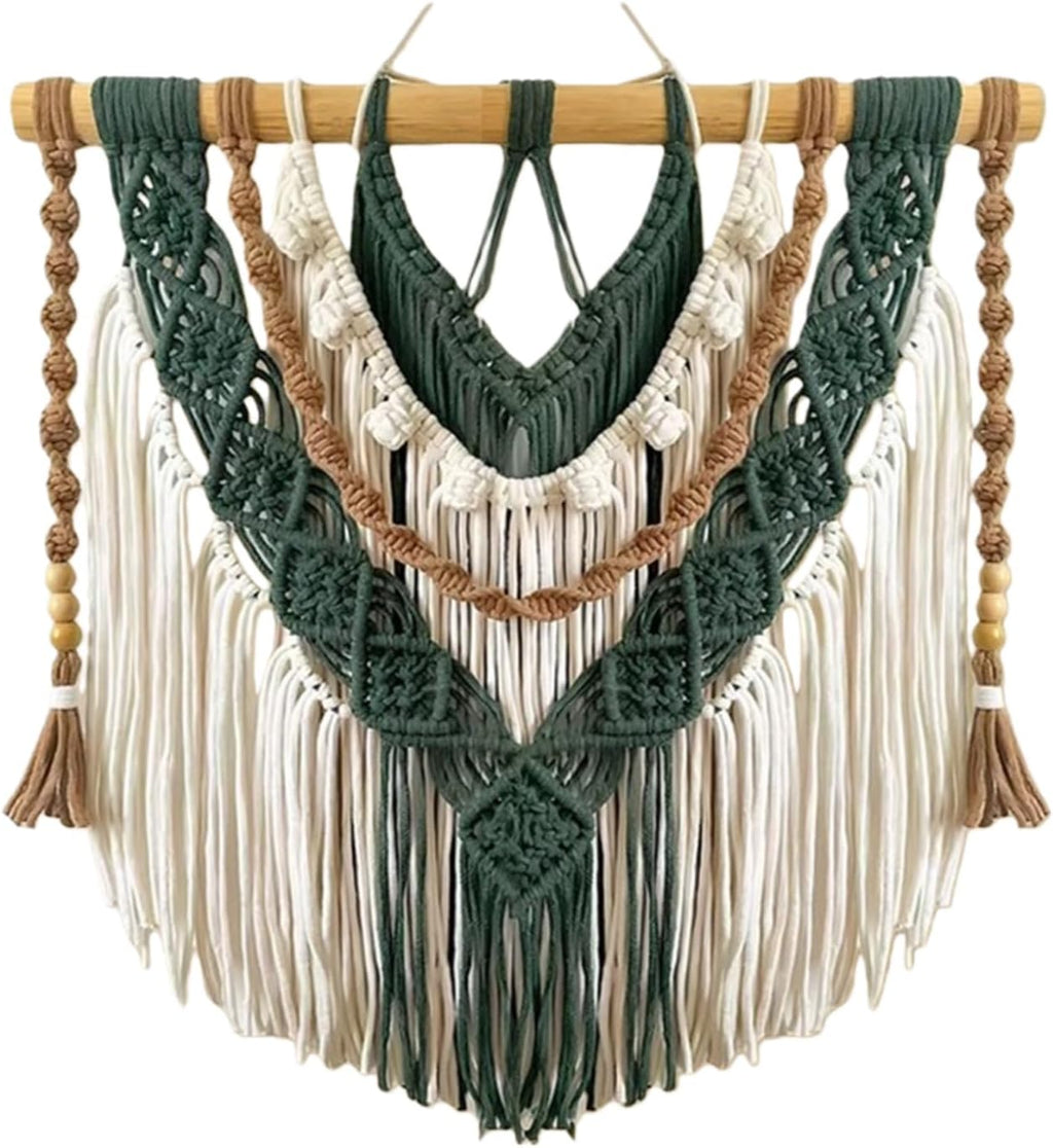 Macrame Wall Hanging Boho Macrame Wall Hanging – Handwoven Green & Cream Cotton Tapestry with Wooden Dowel, Art Decor for Living Room, Bedroo(80x85cm/31.5x33.4in)