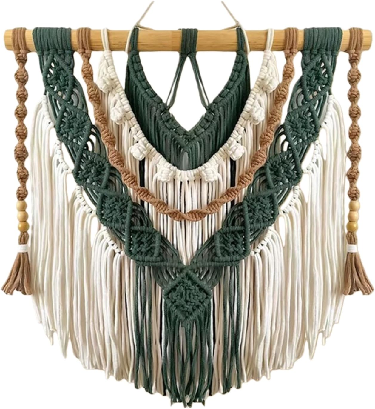 Macrame Wall Hanging Boho Macrame Wall Hanging – Handwoven Green & Cream Cotton Tapestry with Wooden Dowel, Art Decor for Living Room, Bedroo(100x110cm/39.4x43.3in)