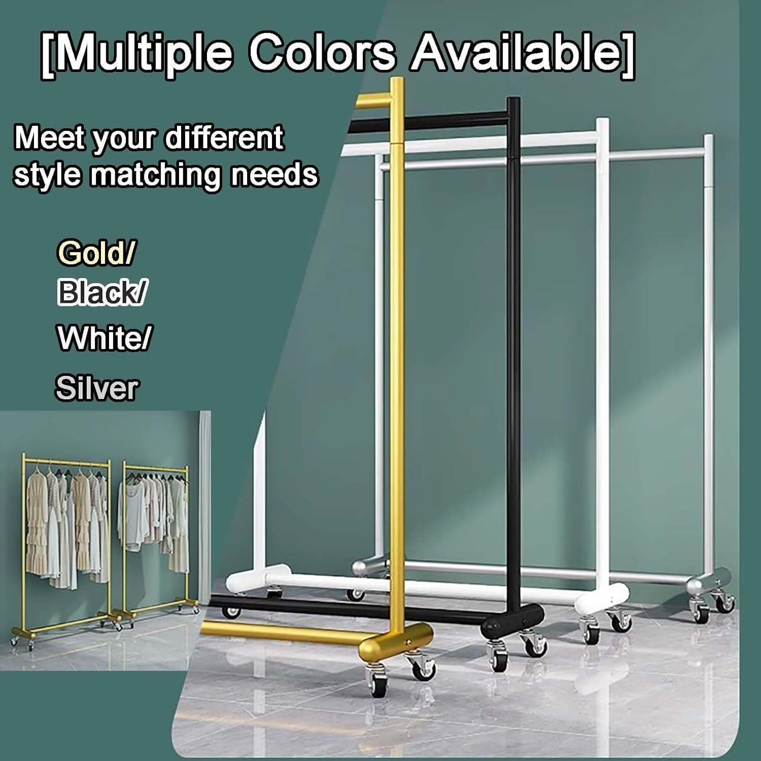 Industrial Pipe Clothing Rack on Wheels - Garment Rack with Rolling Casters for Home, Retail，Boutique - Mobile Closet Organizer and Storage Display for Hanging Clothes(Gold,39.4in)